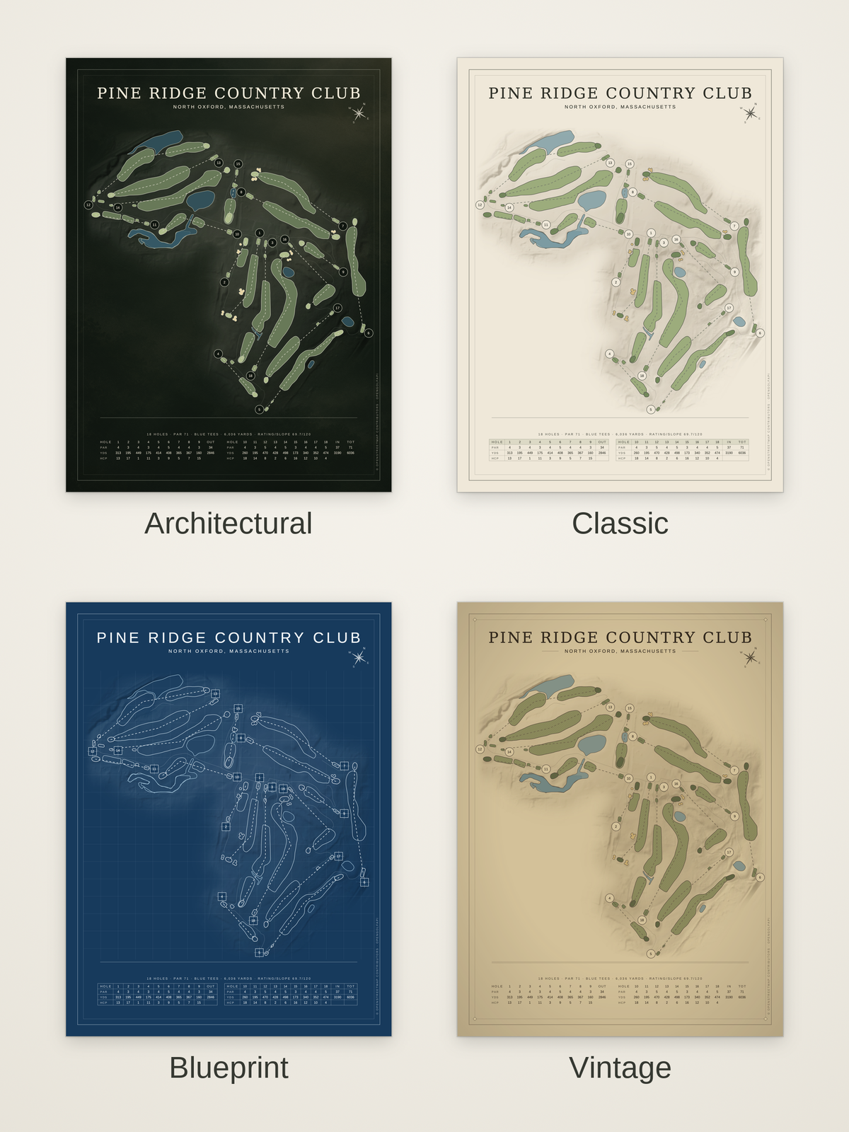 Pine Ridge Country Club course map poster in four styles: Architectural, Classic, Blueprint and Vintage