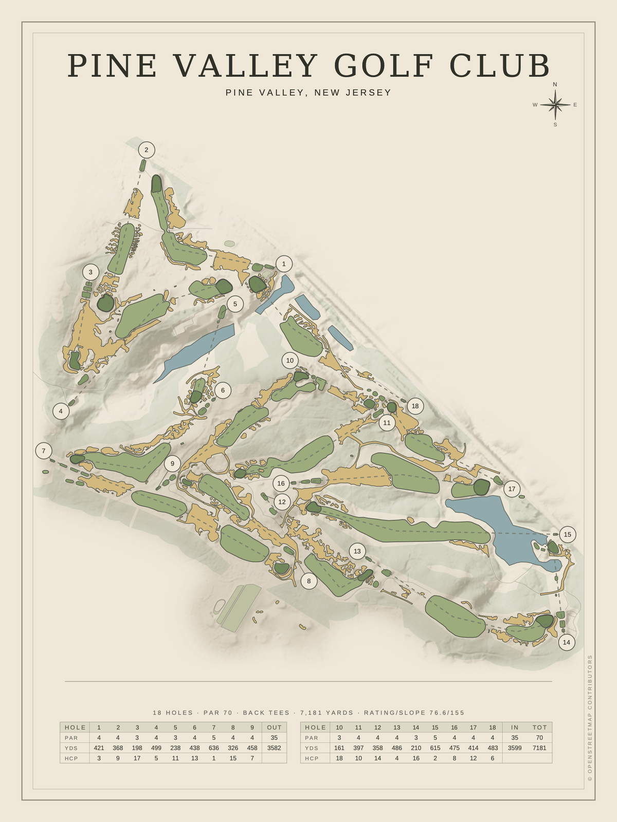 Pine Valley Golf Club course map poster, Classic style, 12×16 / 18×24