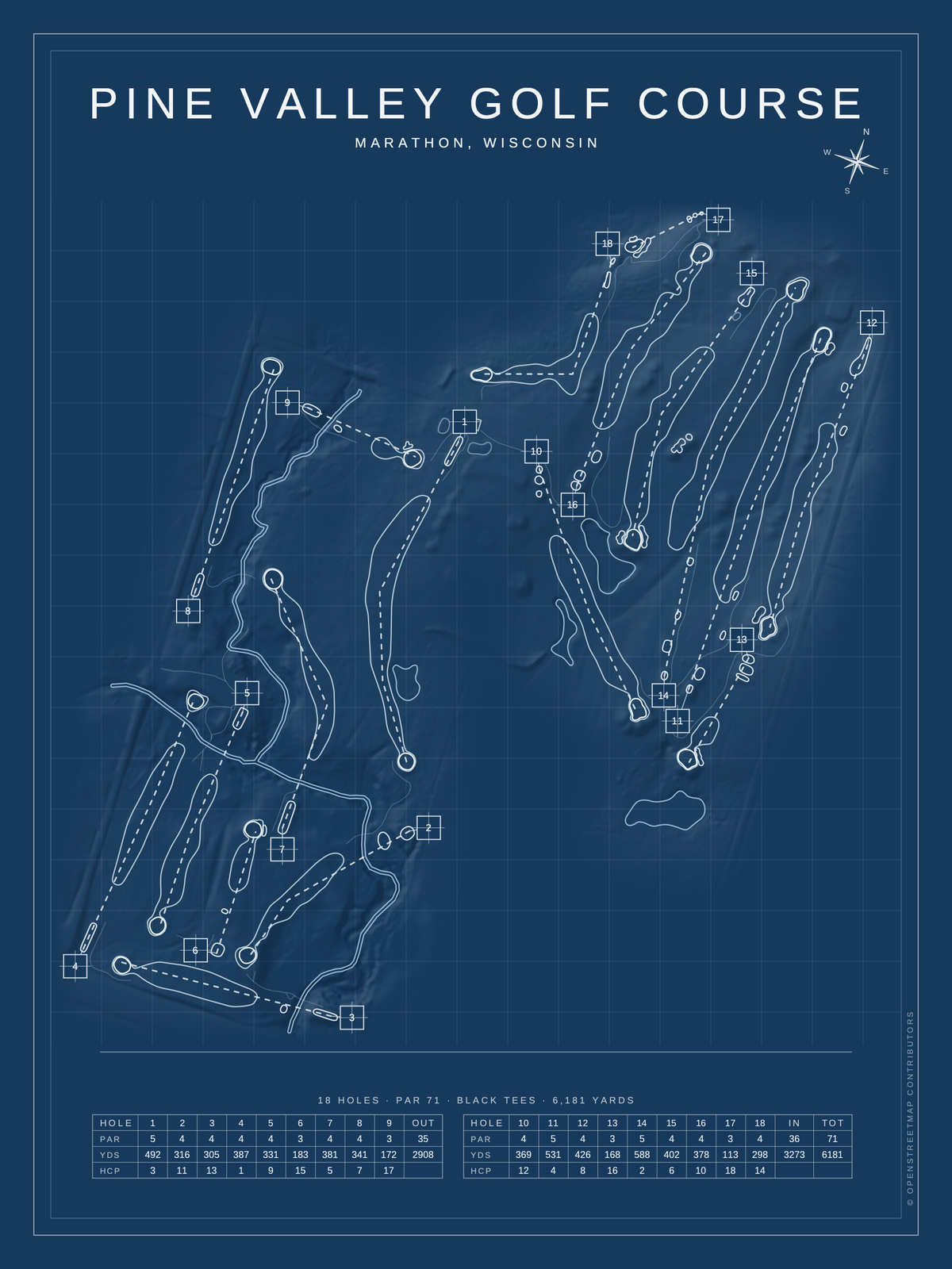 Pine Valley Golf Course map poster, Blueprint style, 12×16 / 18×24