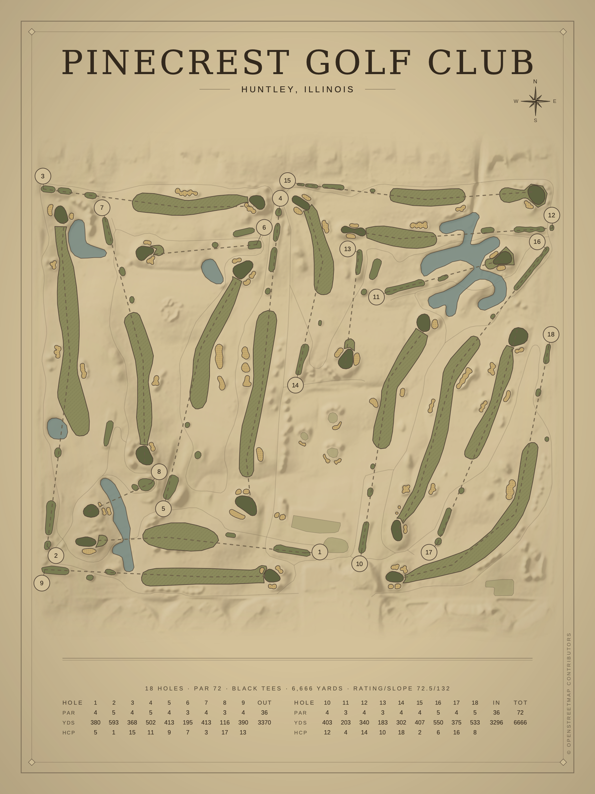 Pinecrest Golf Club course map poster, Vintage style, 12×16 / 18×24