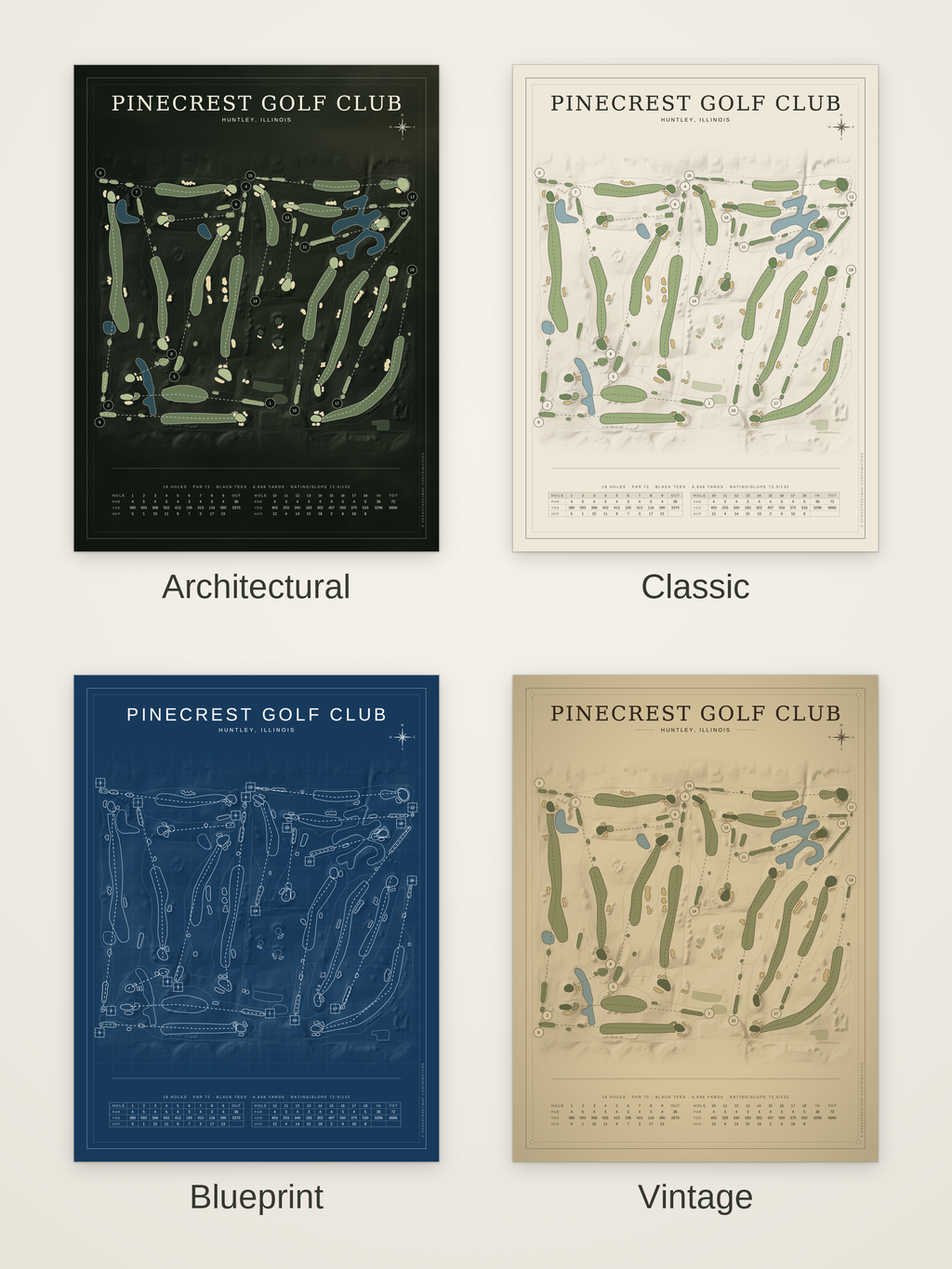 Pinecrest Golf Club course map poster in four styles: Architectural, Classic, Blueprint and Vintage