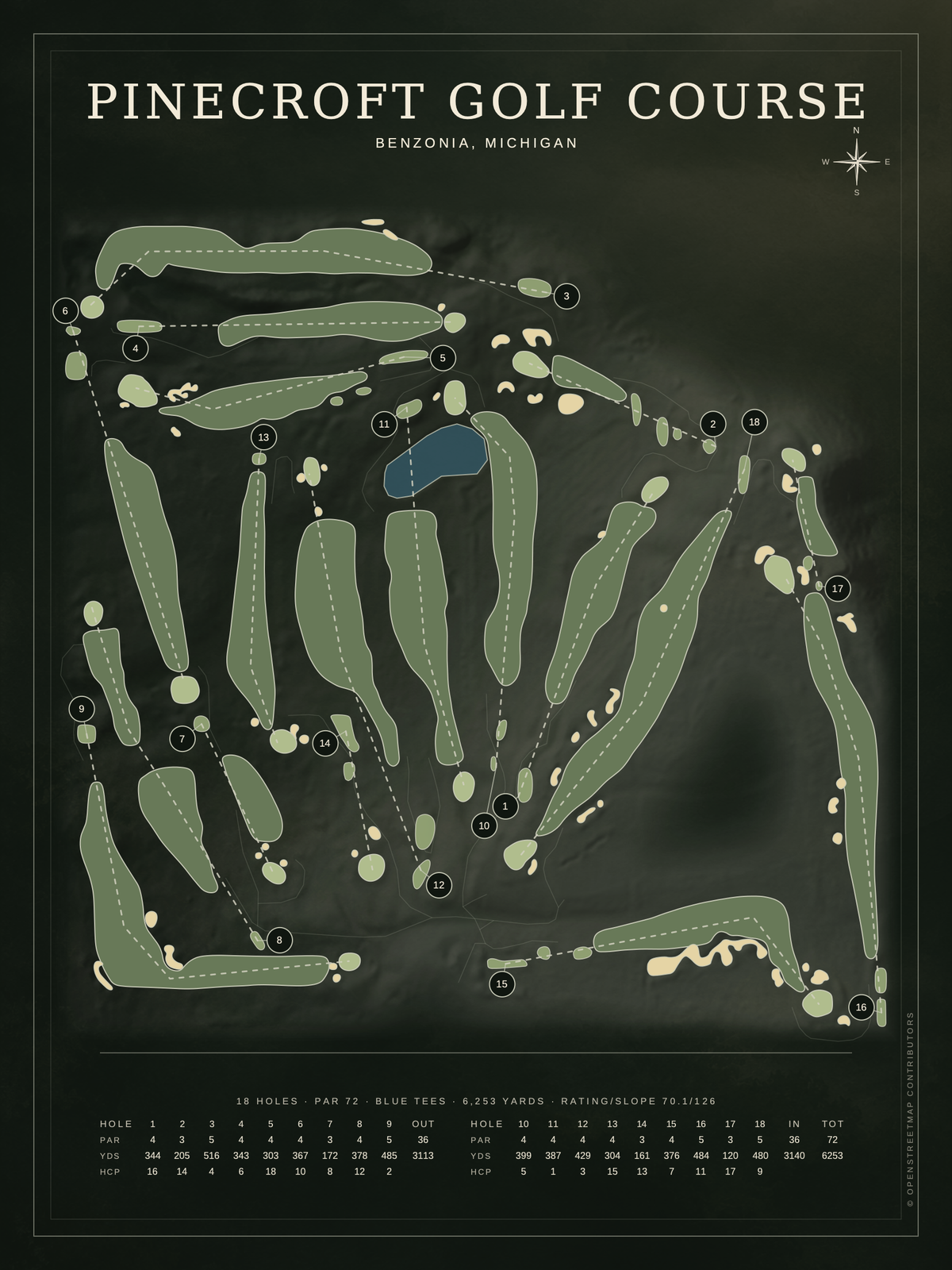 Pinecroft Golf Course map poster, Architectural style, 12×16 / 18×24
