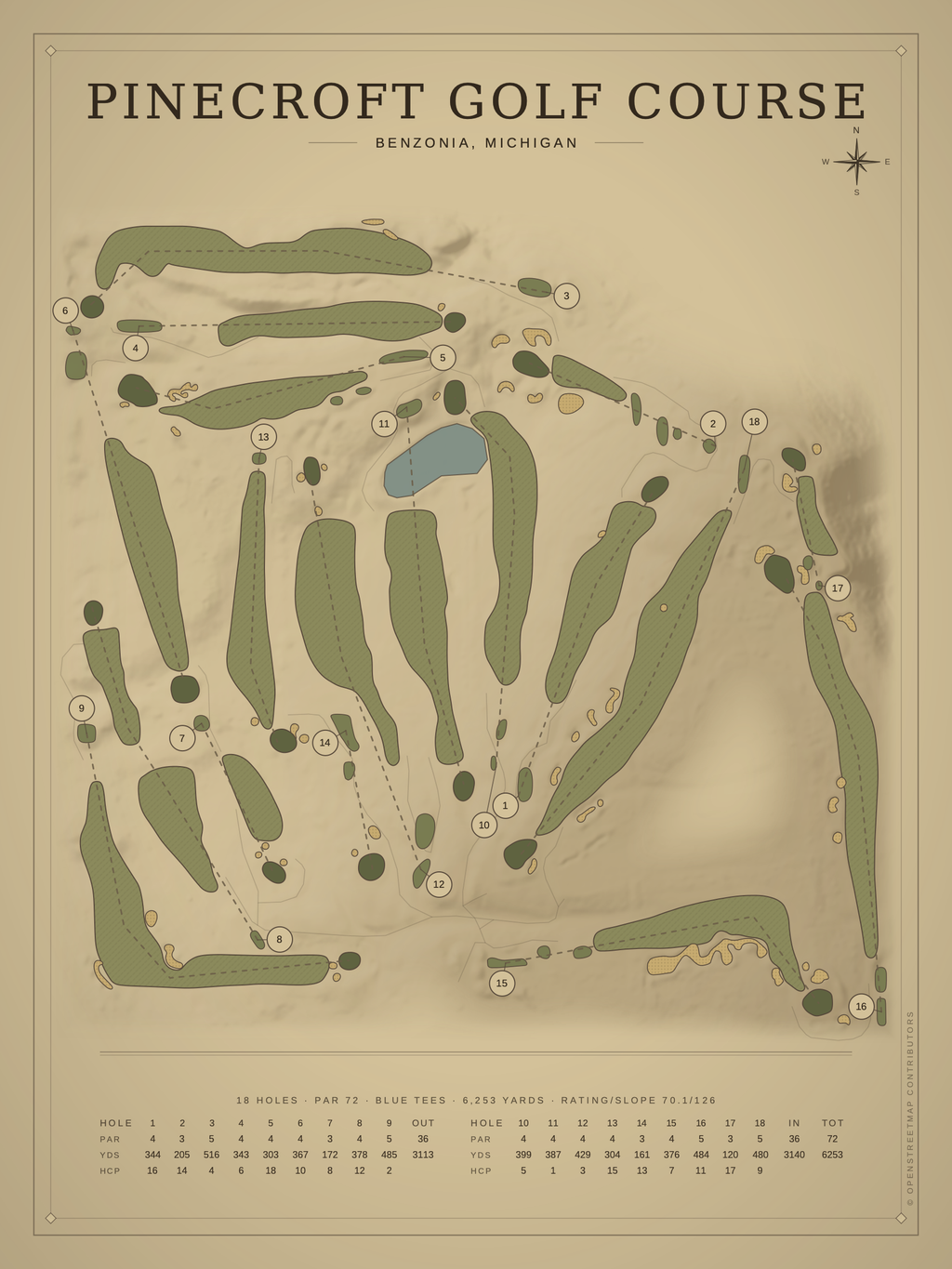 Pinecroft Golf Course map poster, Vintage style, 12×16 / 18×24