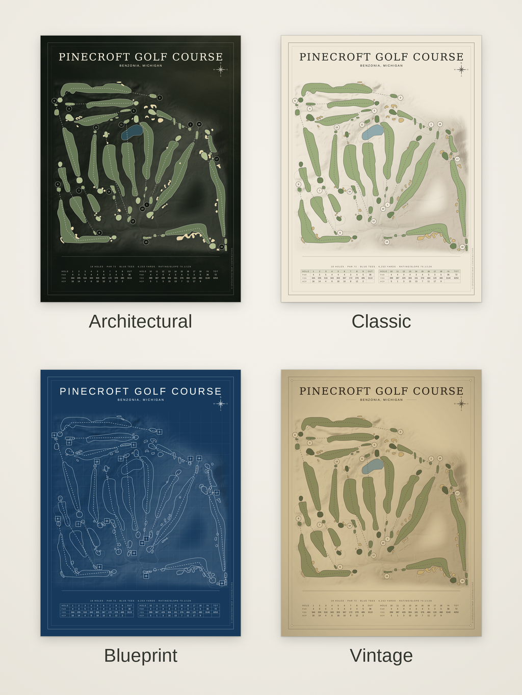 Pinecroft Golf Course map poster in four styles: Architectural, Classic, Blueprint and Vintage