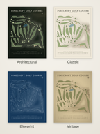 Pinecroft Golf Course map poster in four styles: Architectural, Classic, Blueprint and Vintage