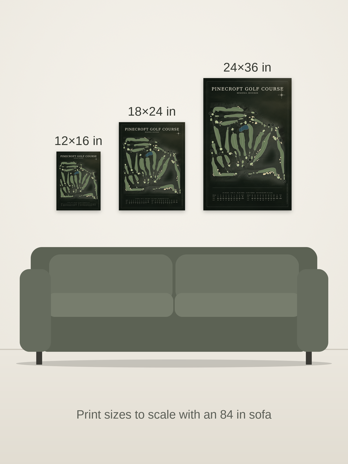 Pinecroft Golf Course map poster in the Architectural style at 12×16, 18×24 and 24×36 inches, shown to scale on a wall above an 84-inch sofa