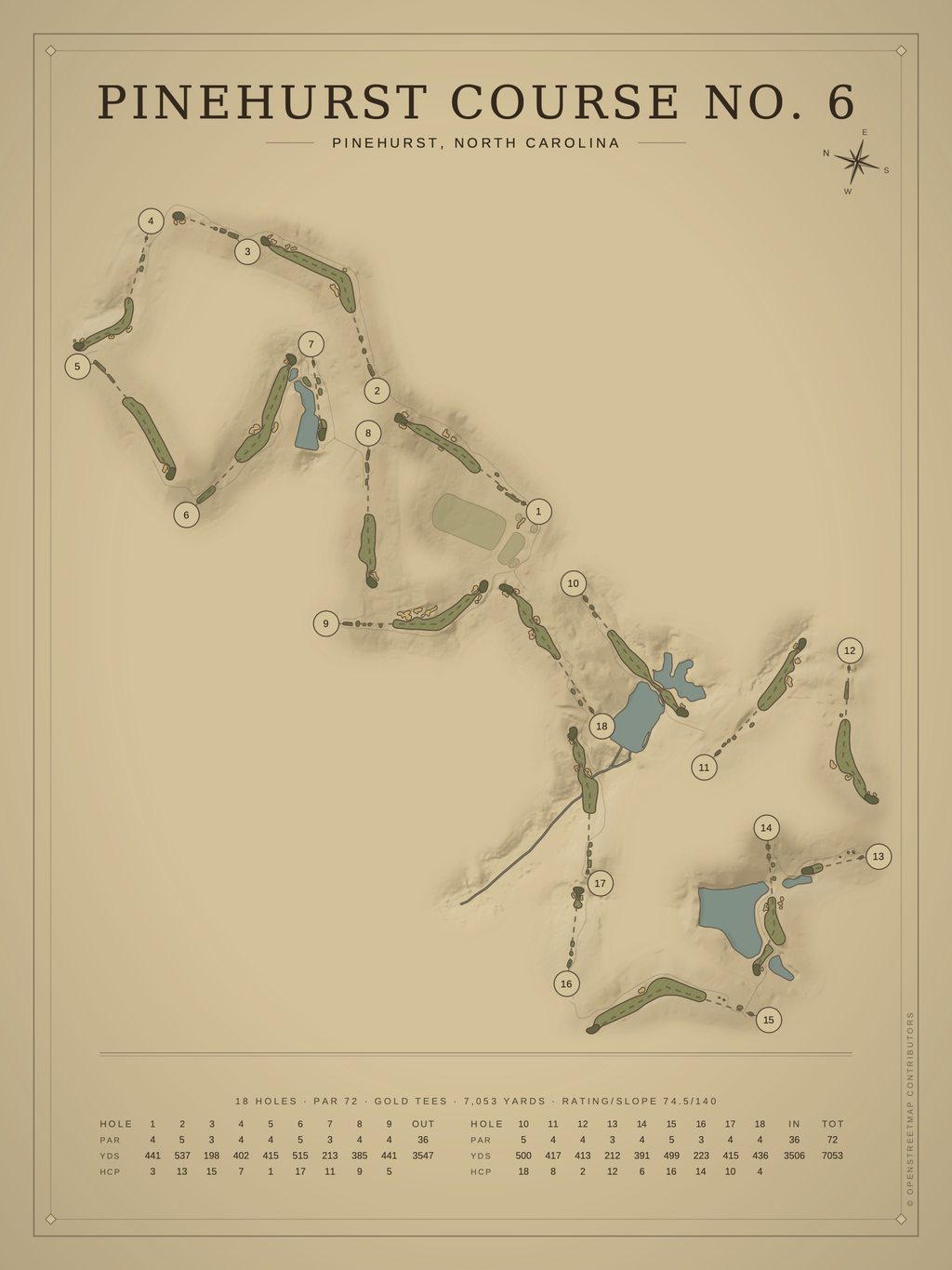 Pinehurst Course No. 6 course map poster, Vintage style, 12×16 / 18×24