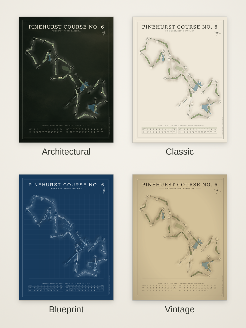 Pinehurst Course No. 6 course map poster in four styles: Architectural, Classic, Blueprint and Vintage