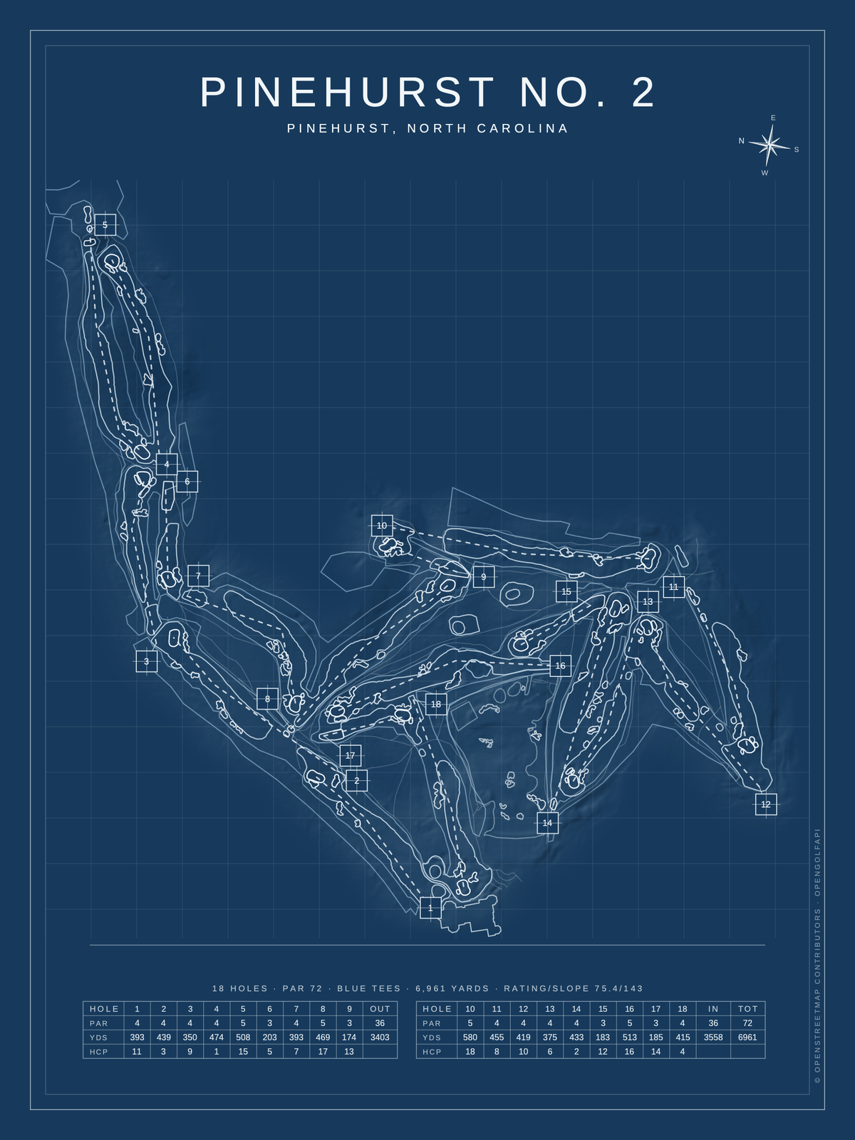 Pinehurst No. 2 course map poster, Blueprint style, 12×16 / 18×24