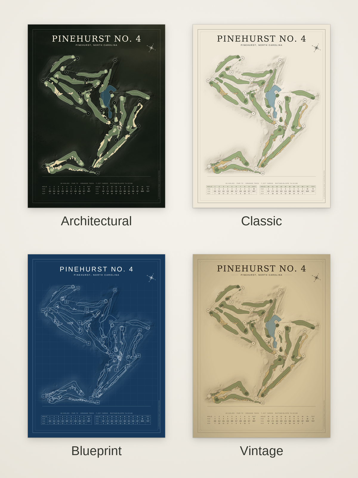 Pinehurst No. 4 course map poster in four styles: Architectural, Classic, Blueprint and Vintage