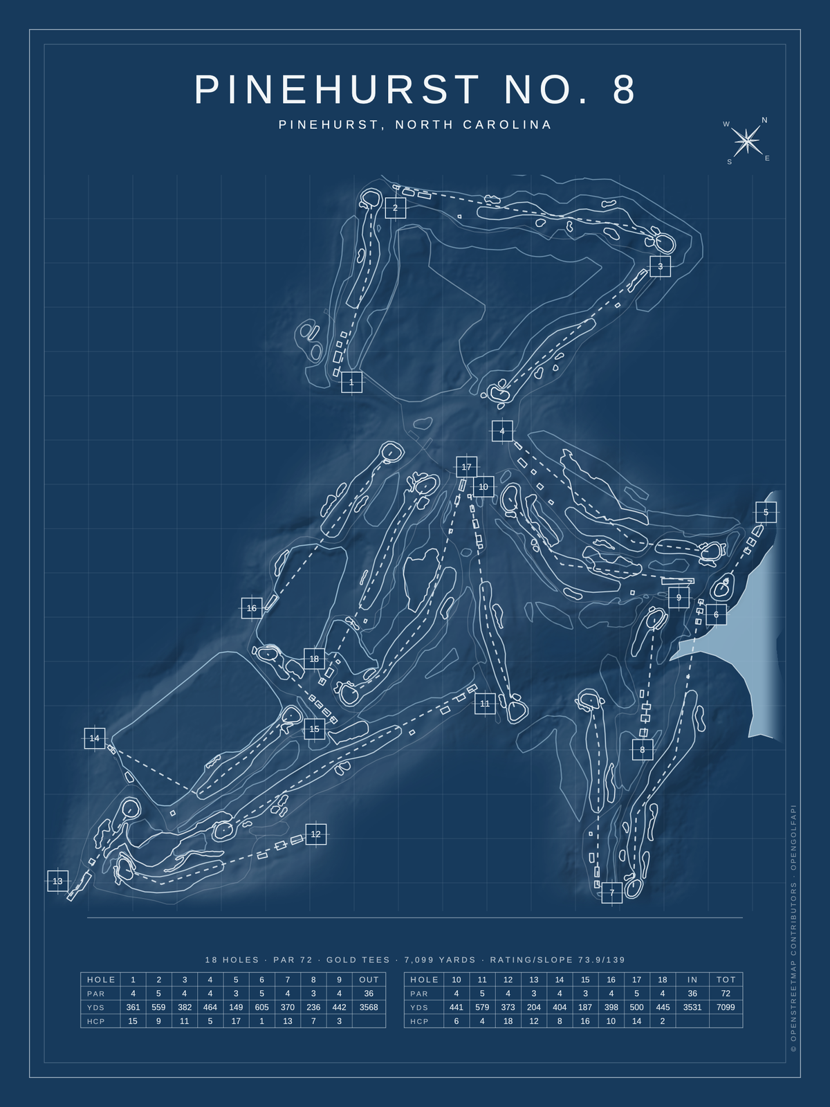 Pinehurst No. 8 course map poster, Blueprint style, 12×16 / 18×24