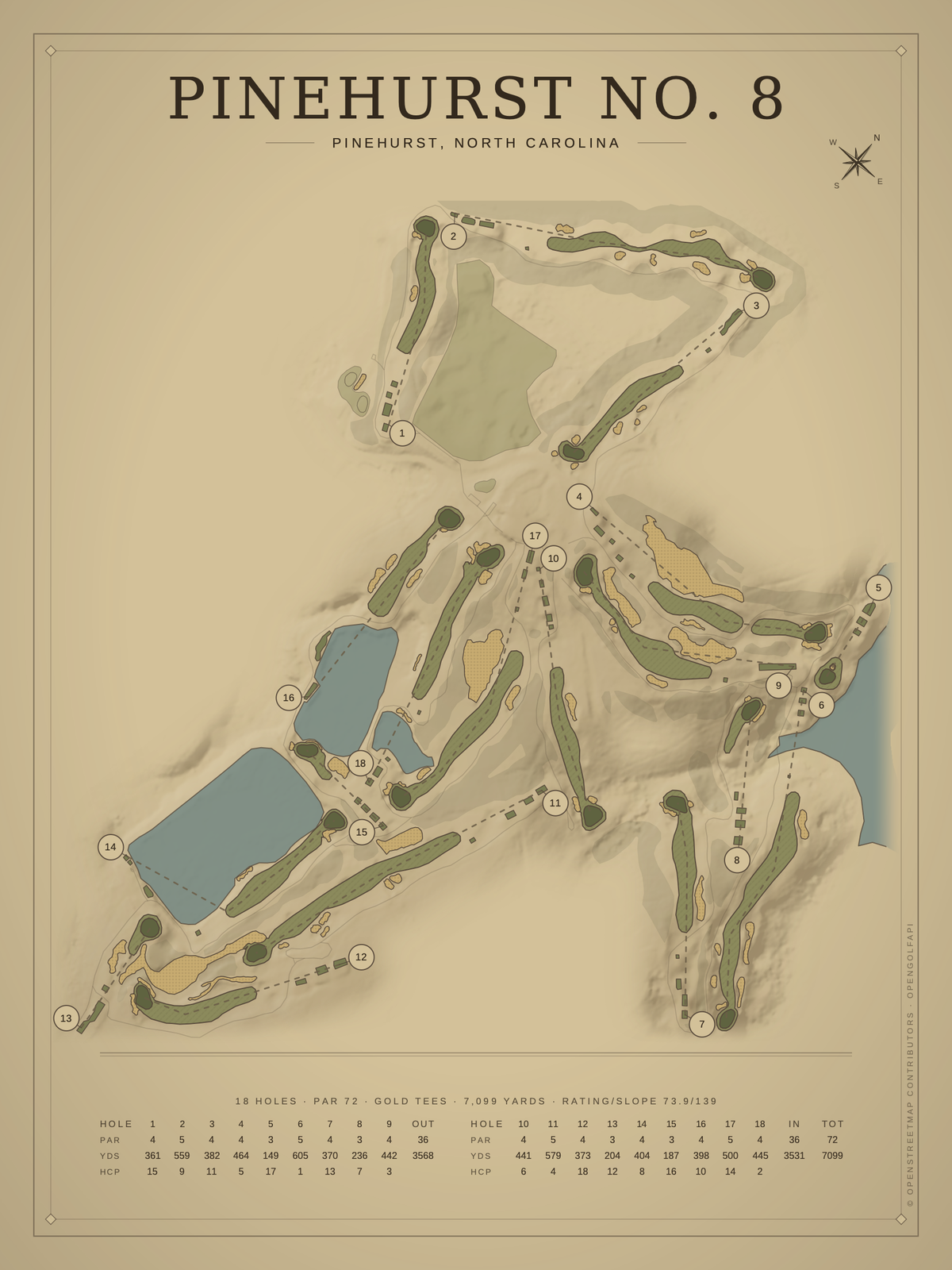 Pinehurst No. 8 course map poster, Vintage style, 12×16 / 18×24