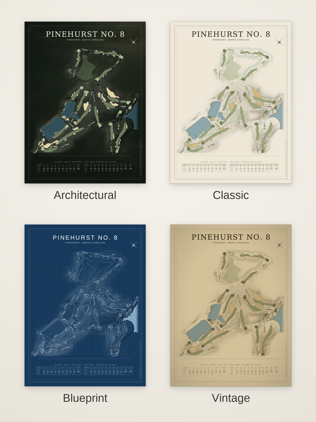 Pinehurst No. 8 course map poster in four styles: Architectural, Classic, Blueprint and Vintage