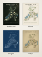 Pinehurst No. 8 course map poster in four styles: Architectural, Classic, Blueprint and Vintage
