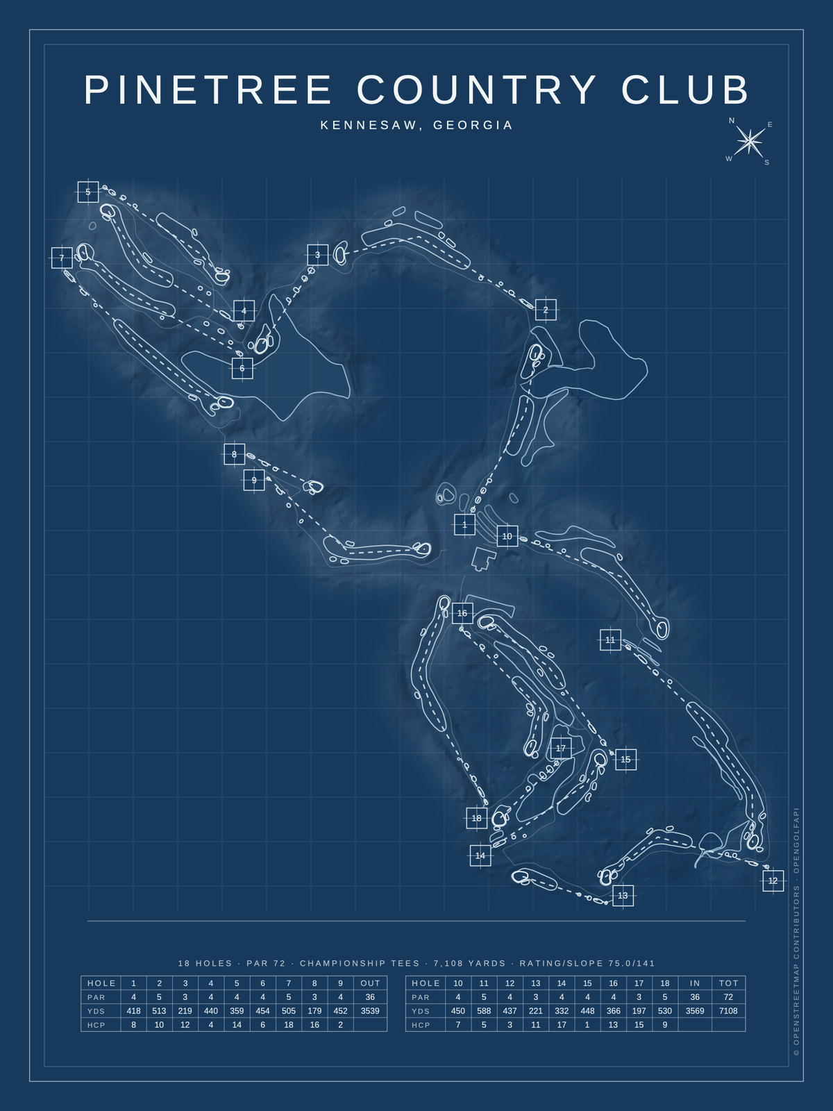 Pinetree Country Club course map poster, Blueprint style, 12×16 / 18×24