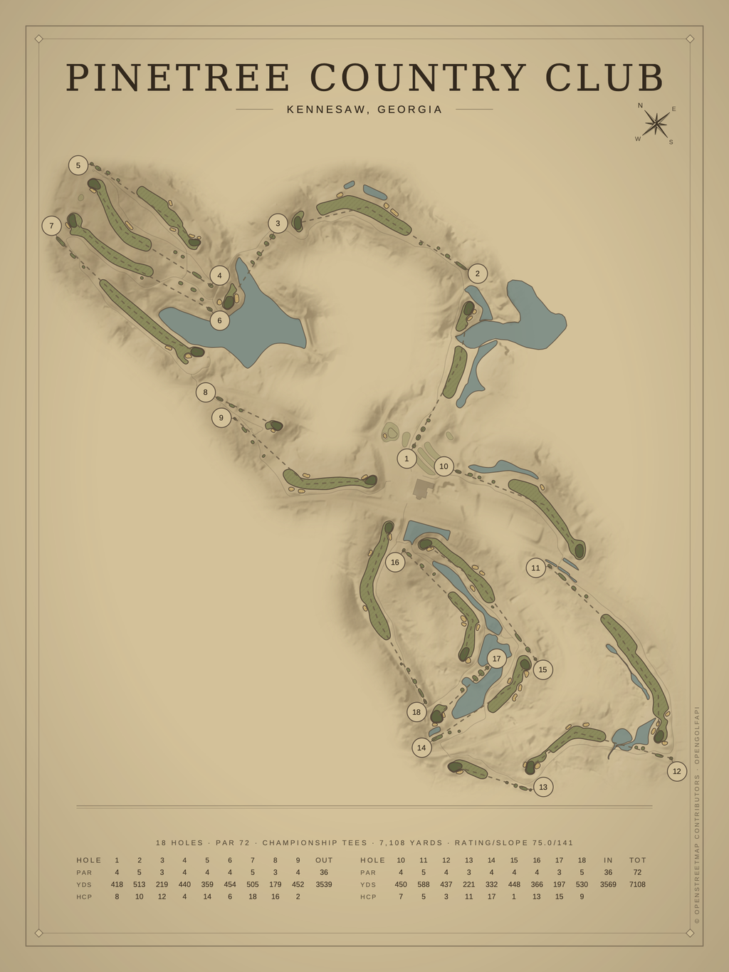 Pinetree Country Club course map poster, Vintage style, 12×16 / 18×24