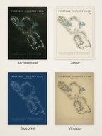 Pinetree Country Club course map poster in four styles: Architectural, Classic, Blueprint and Vintage