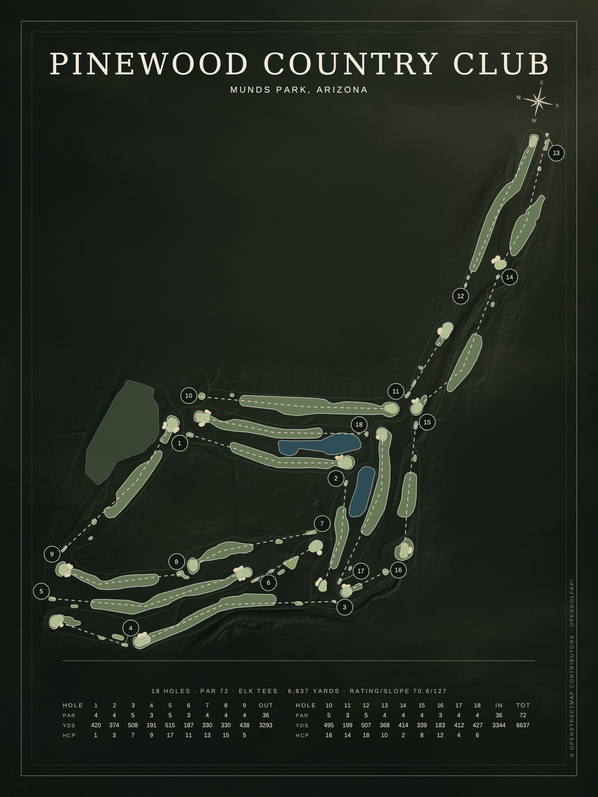 Pinewood Country Club course map poster, Architectural style, 12×16 / 18×24