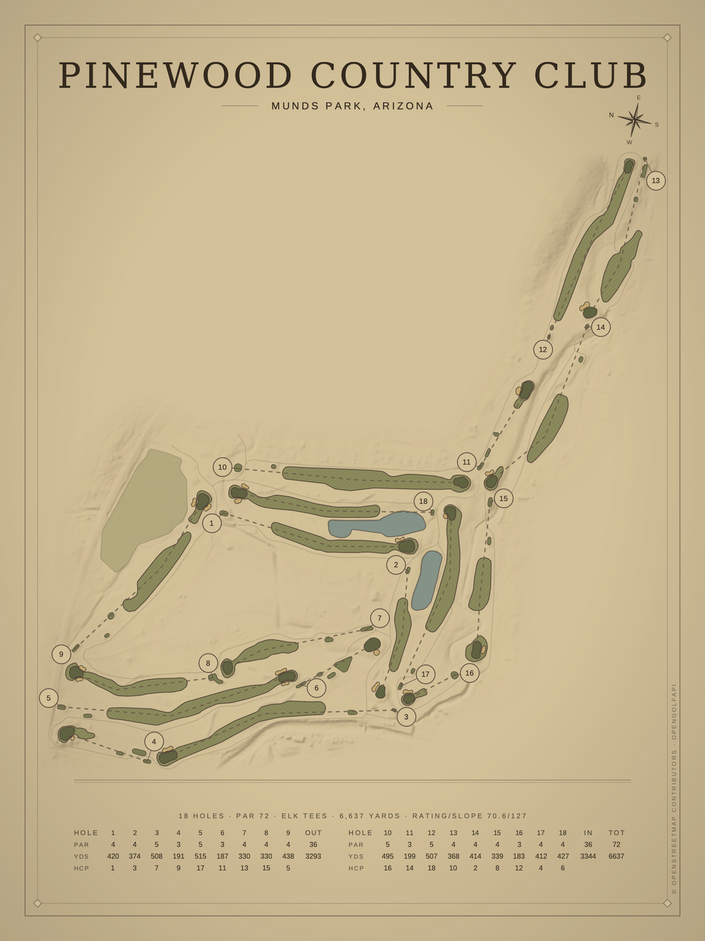 Pinewood Country Club course map poster, Vintage style, 12×16 / 18×24