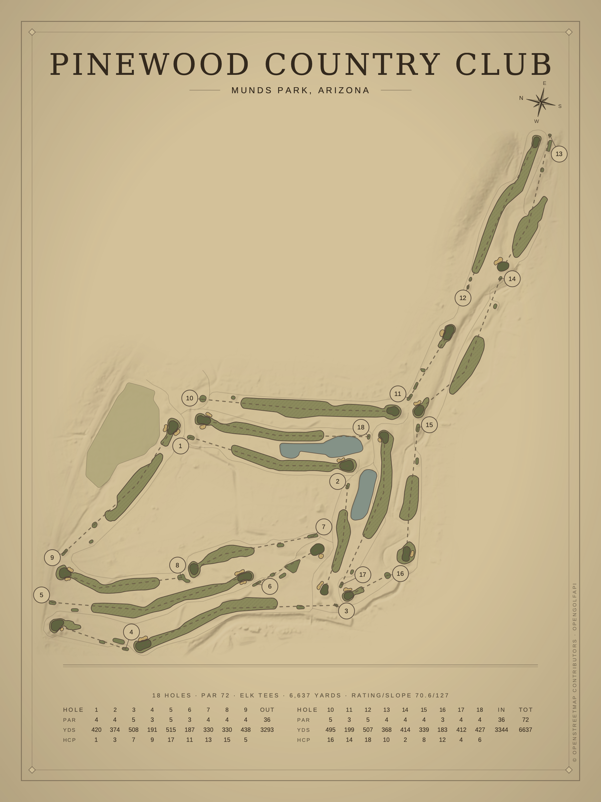 Pinewood Country Club course map poster, Vintage style, 12×16 / 18×24