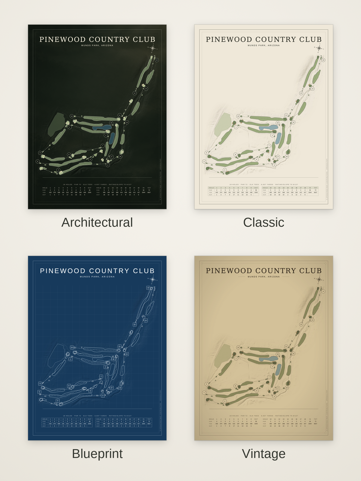 Pinewood Country Club course map poster in four styles: Architectural, Classic, Blueprint and Vintage