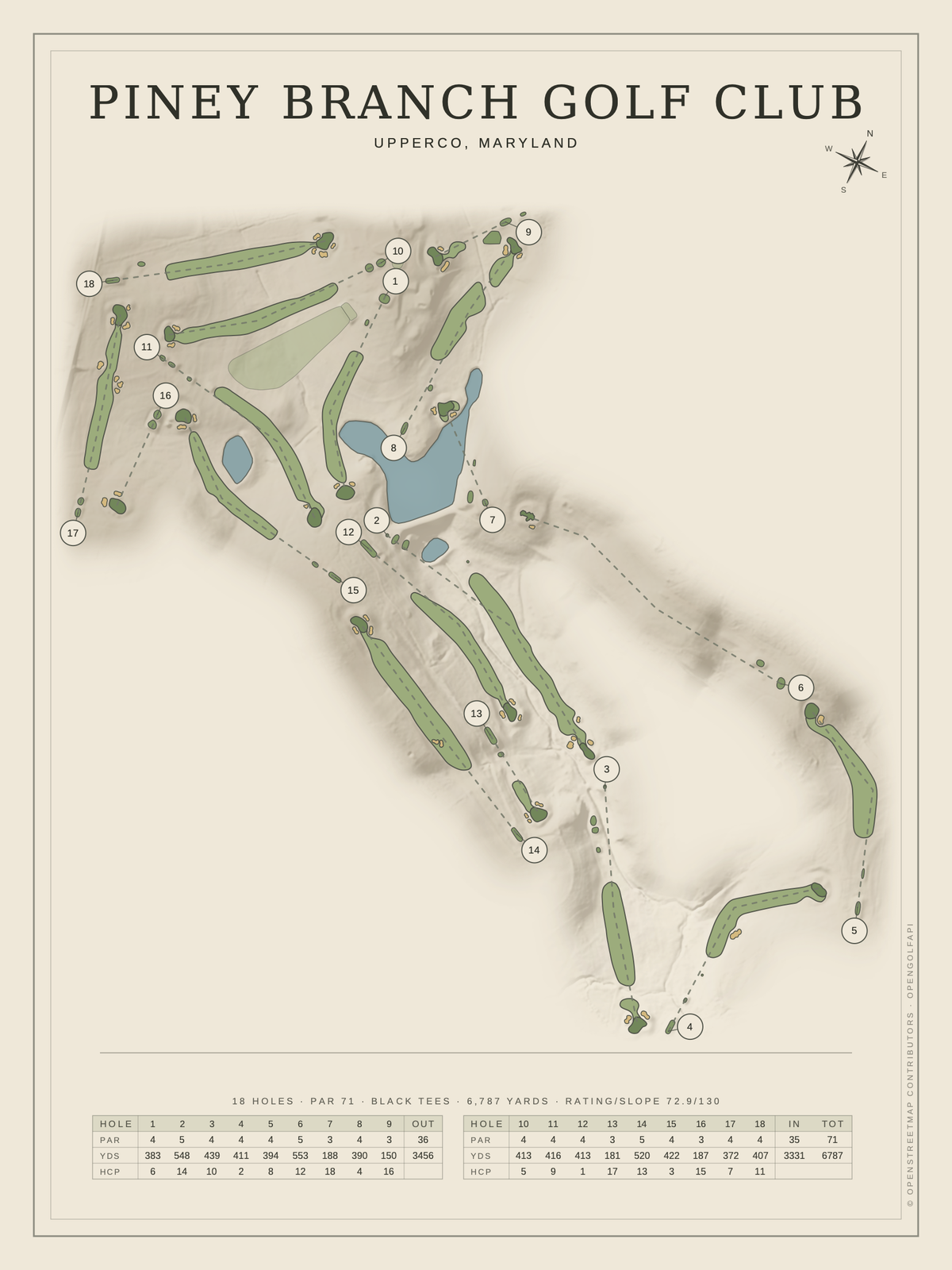Piney Branch Golf Club course map poster, Classic style, 12×16 / 18×24