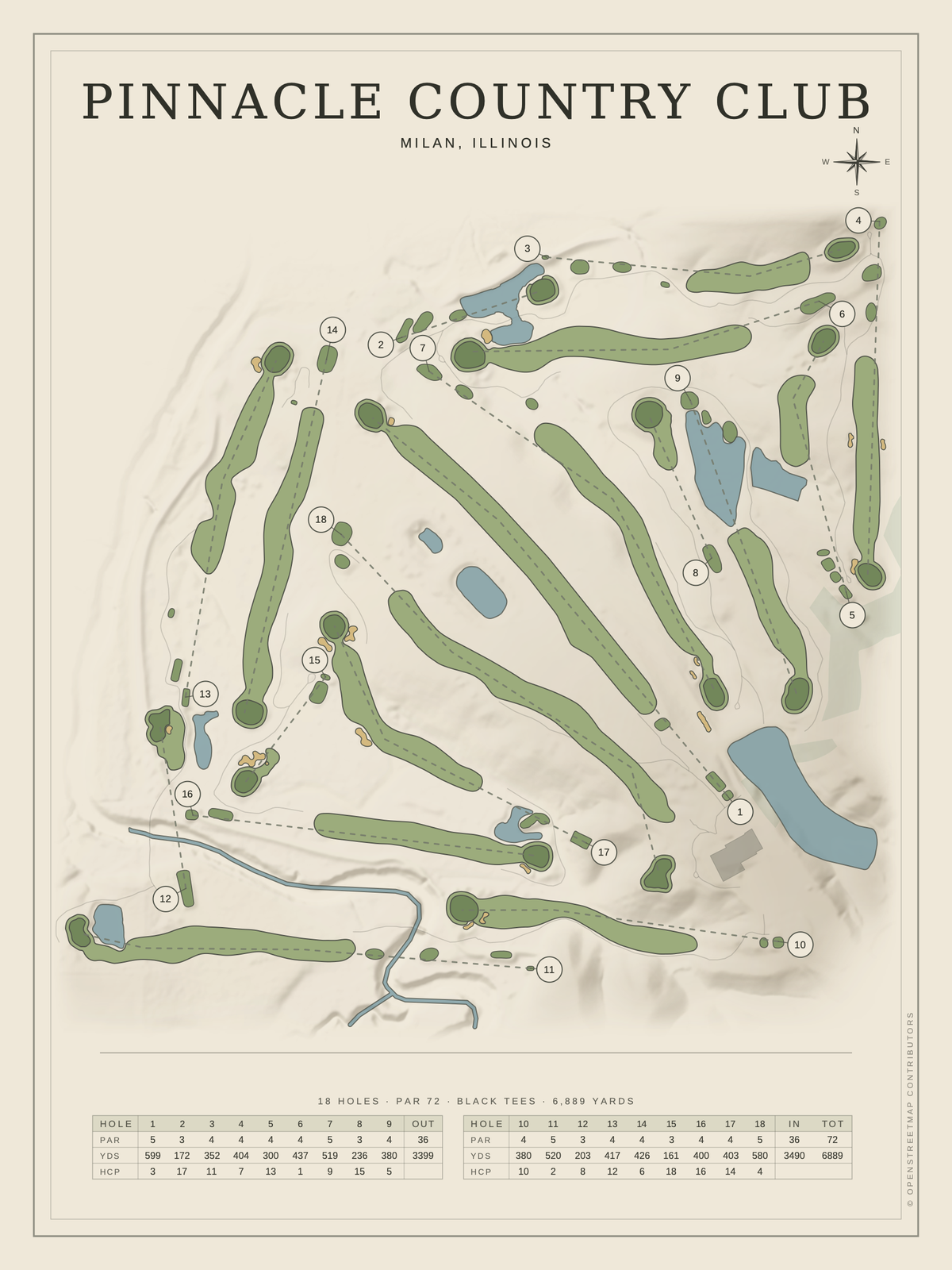 Pinnacle Country Club course map poster, Classic style, 12×16 / 18×24