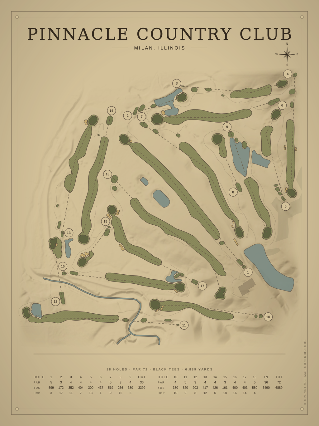Pinnacle Country Club course map poster, Vintage style, 12×16 / 18×24