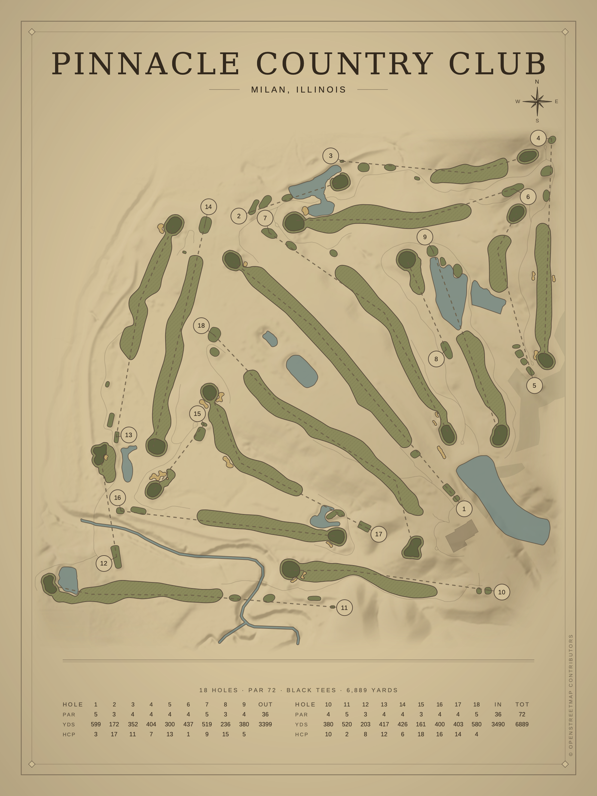Pinnacle Country Club course map poster, Vintage style, 12×16 / 18×24