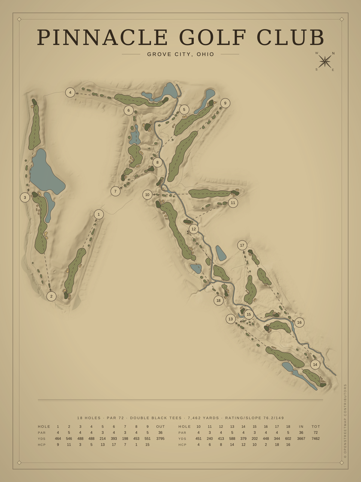 Pinnacle Golf Club course map poster, Vintage style, 12×16 / 18×24