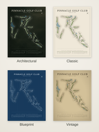 Pinnacle Golf Club course map poster in four styles: Architectural, Classic, Blueprint and Vintage
