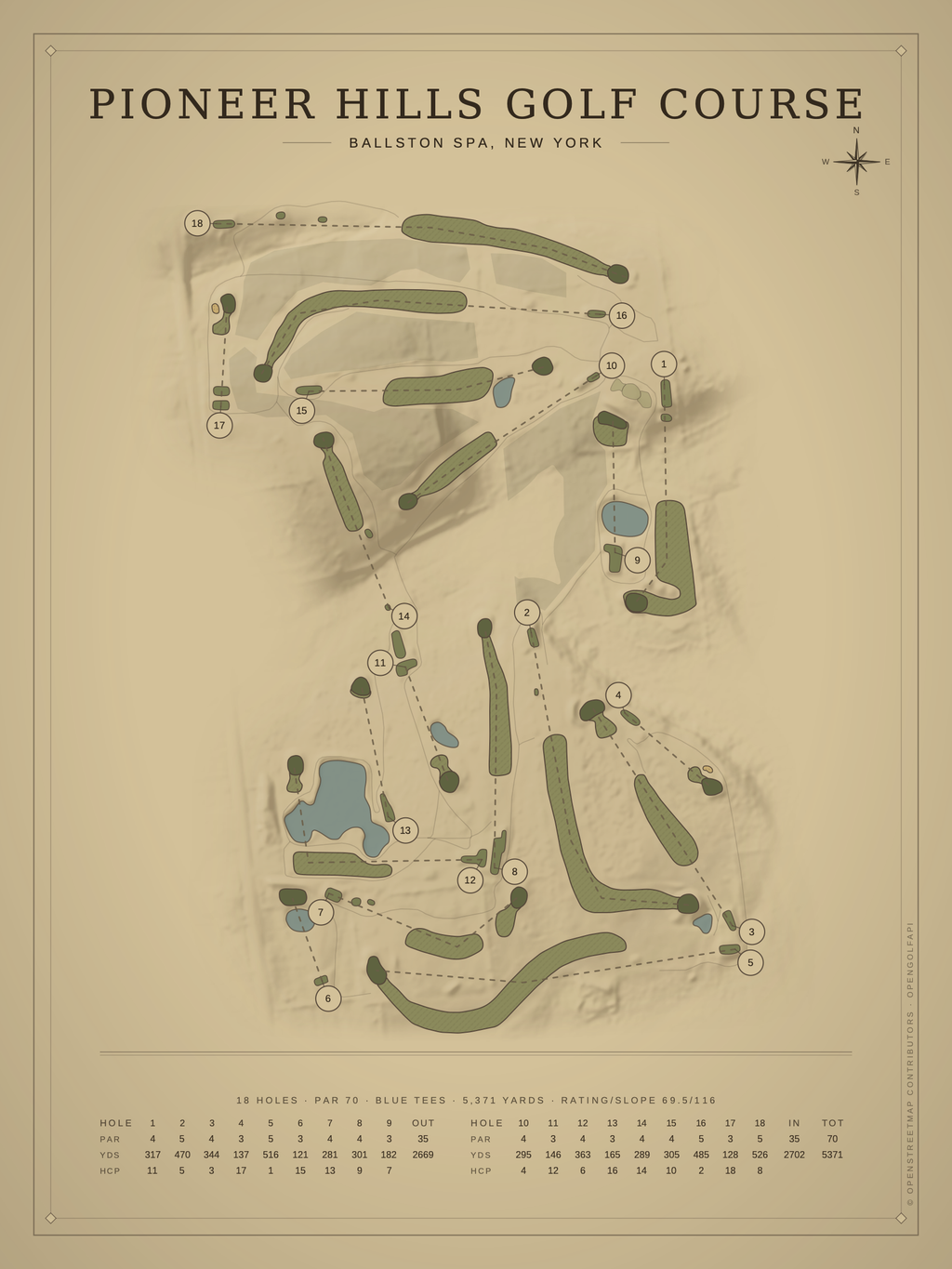 Pioneer Hills Golf Course map poster, Vintage style, 12×16 / 18×24