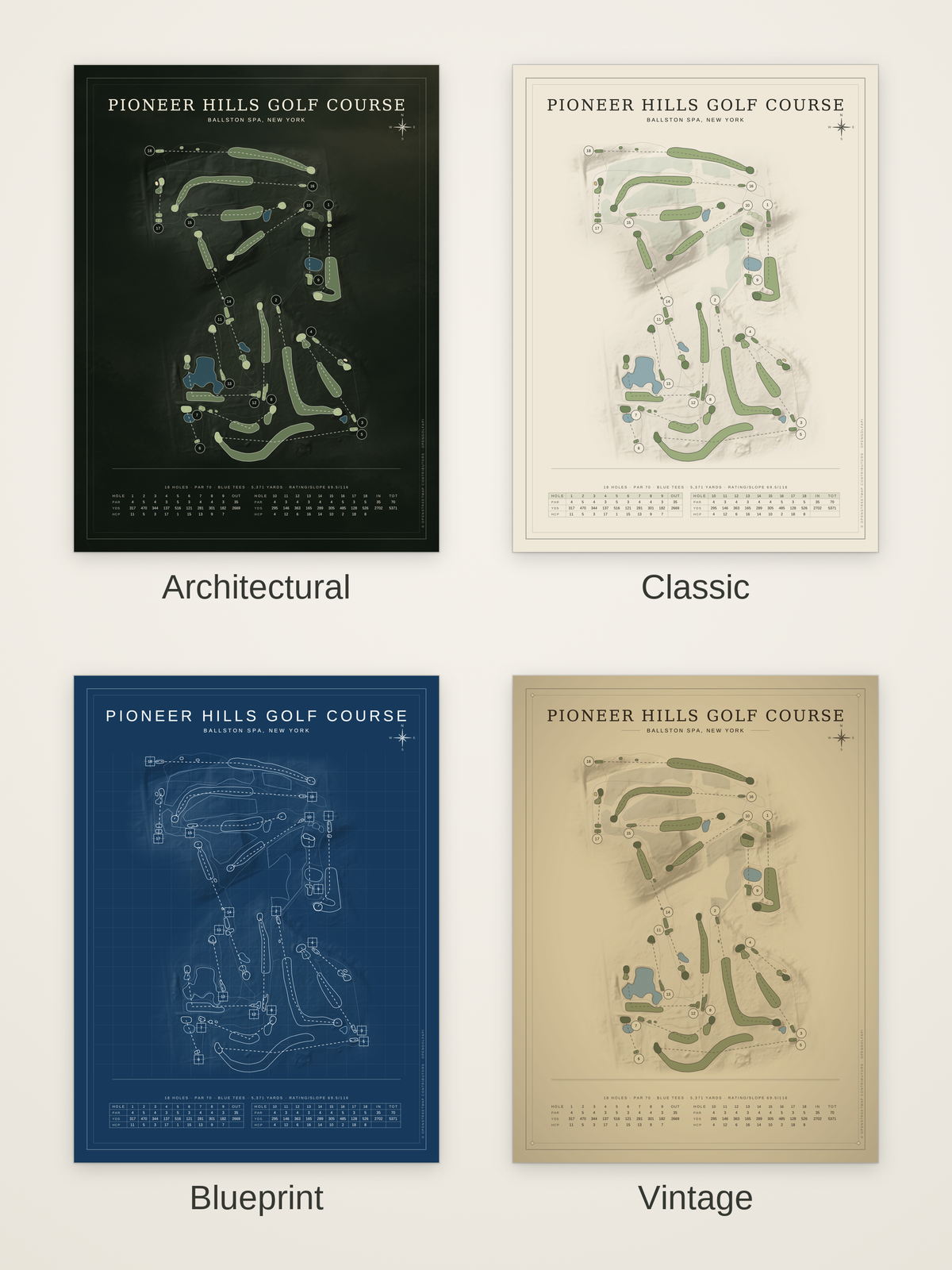 Pioneer Hills Golf Course map poster in four styles: Architectural, Classic, Blueprint and Vintage