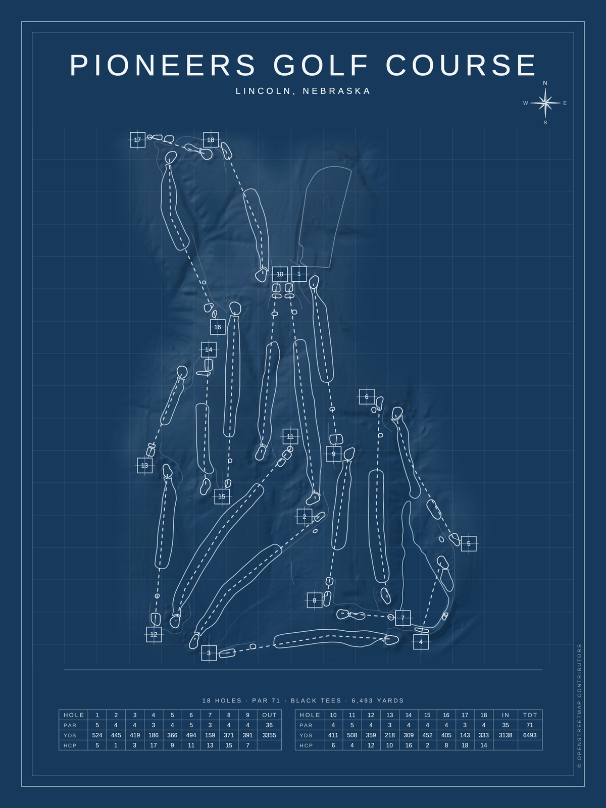 Pioneers Golf Course map poster, Blueprint style, 12×16 / 18×24