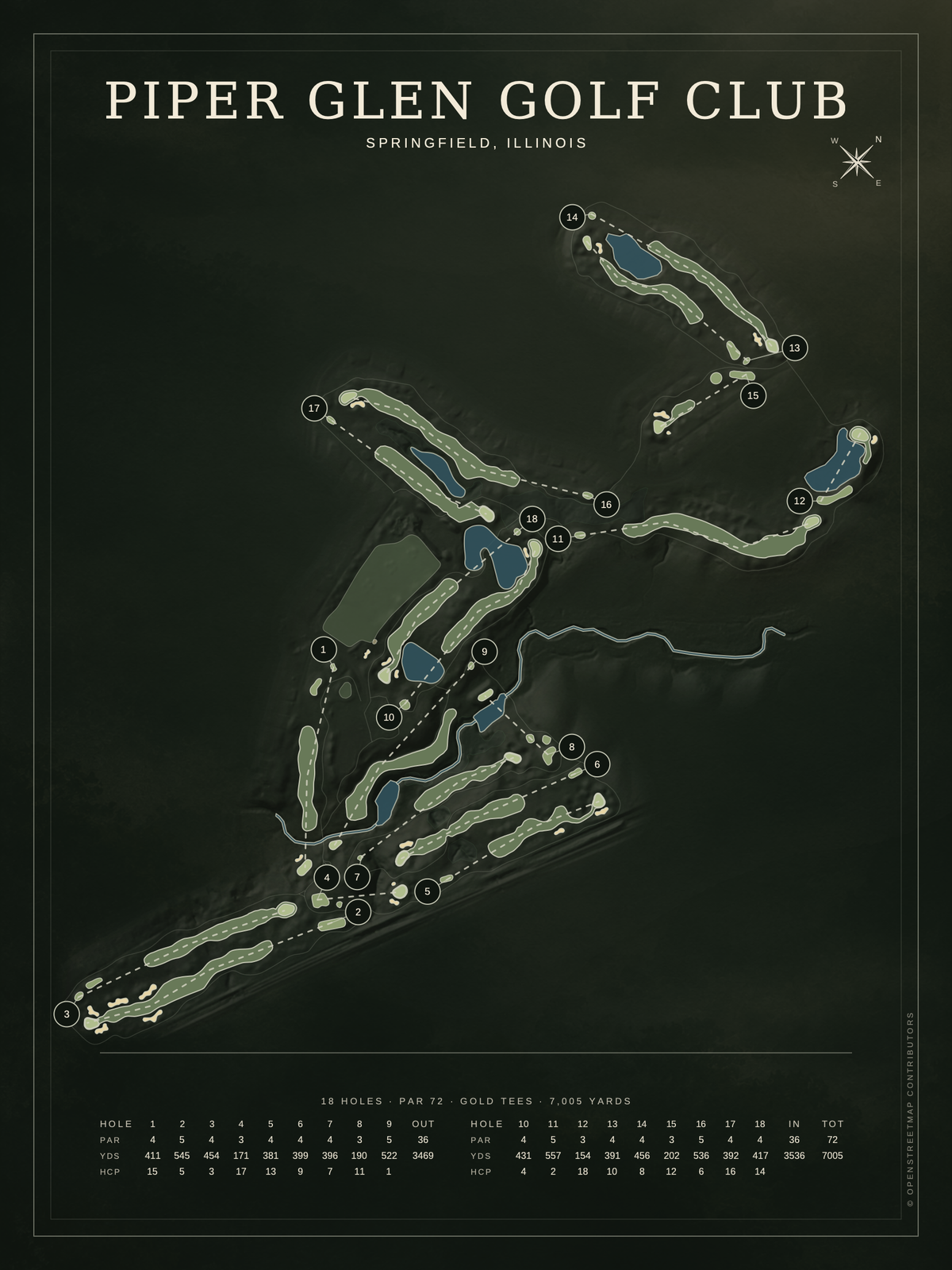 Piper Glen Golf Club course map poster, Architectural style, 12×16 / 18×24