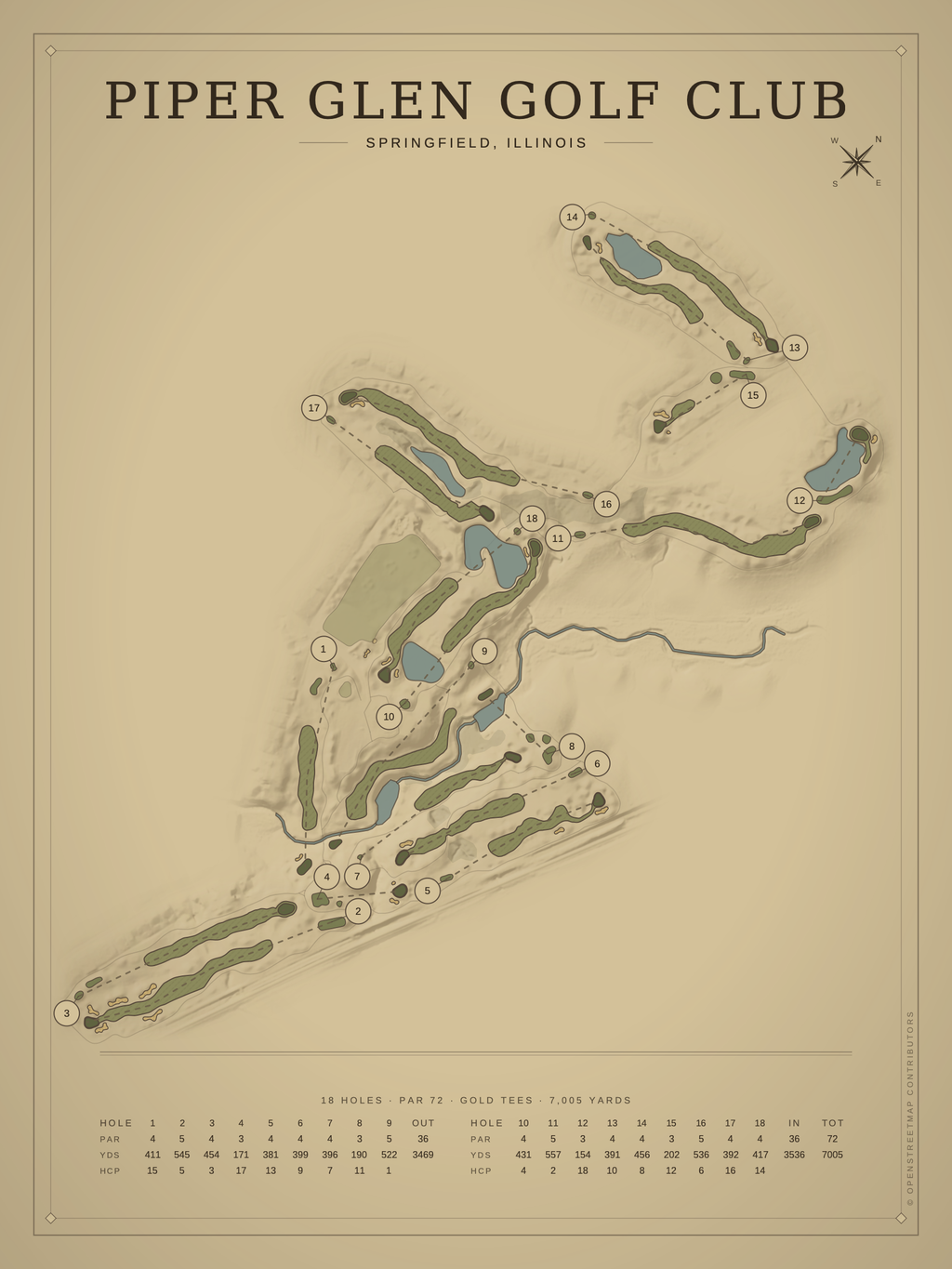 Piper Glen Golf Club course map poster, Vintage style, 12×16 / 18×24