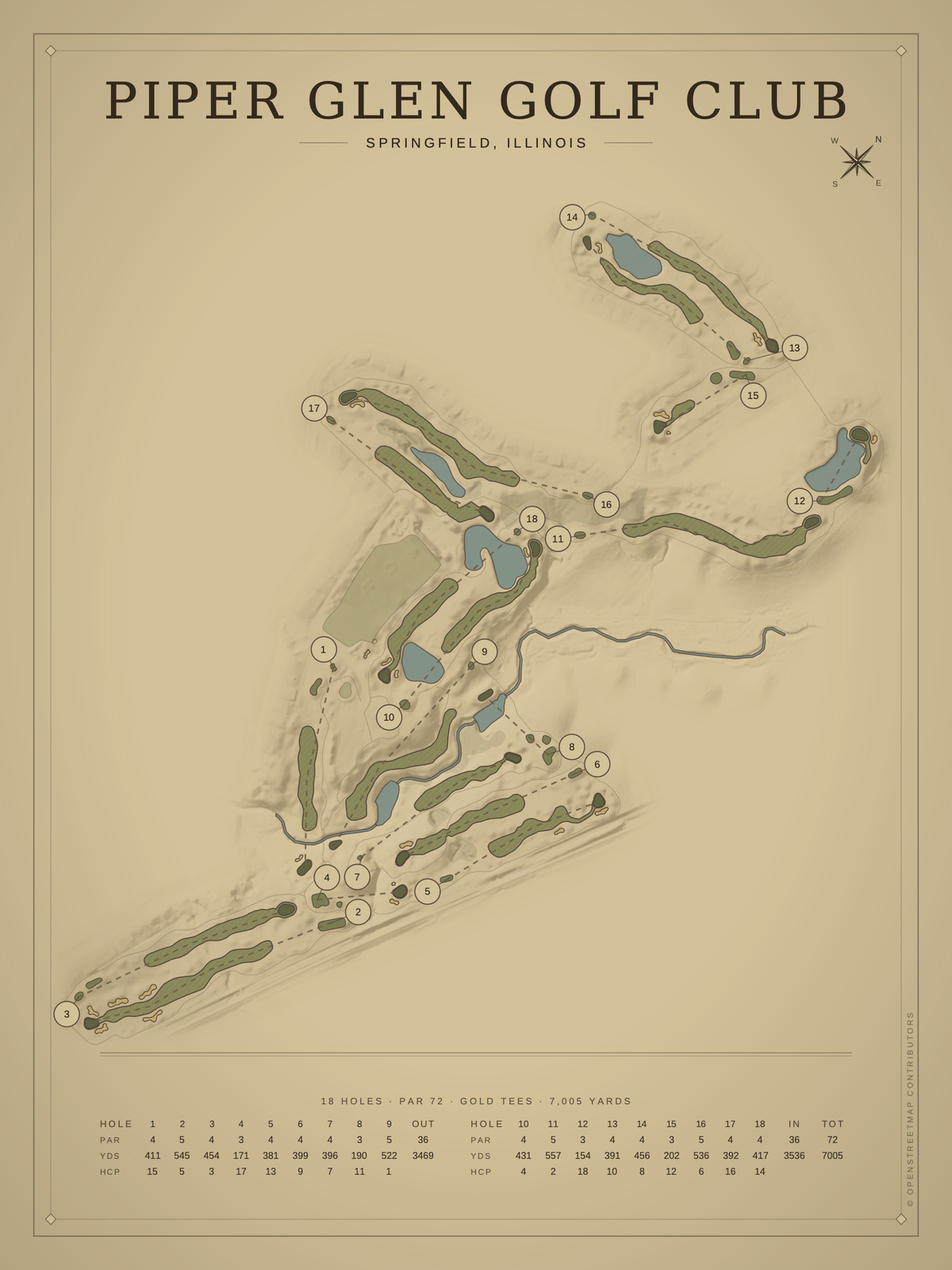 Piper Glen Golf Club course map poster, Vintage style, 12×16 / 18×24