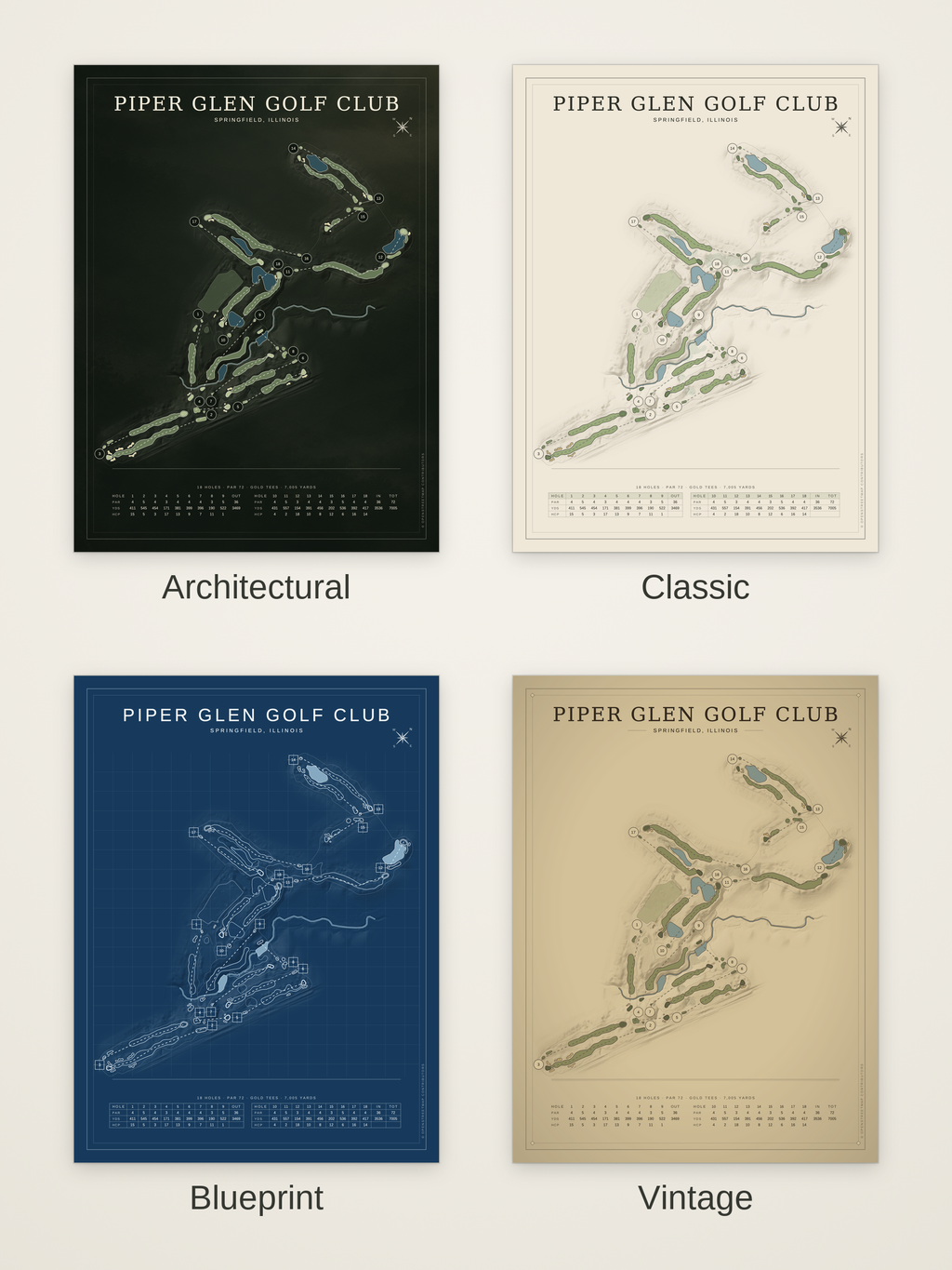 Piper Glen Golf Club course map poster in four styles: Architectural, Classic, Blueprint and Vintage