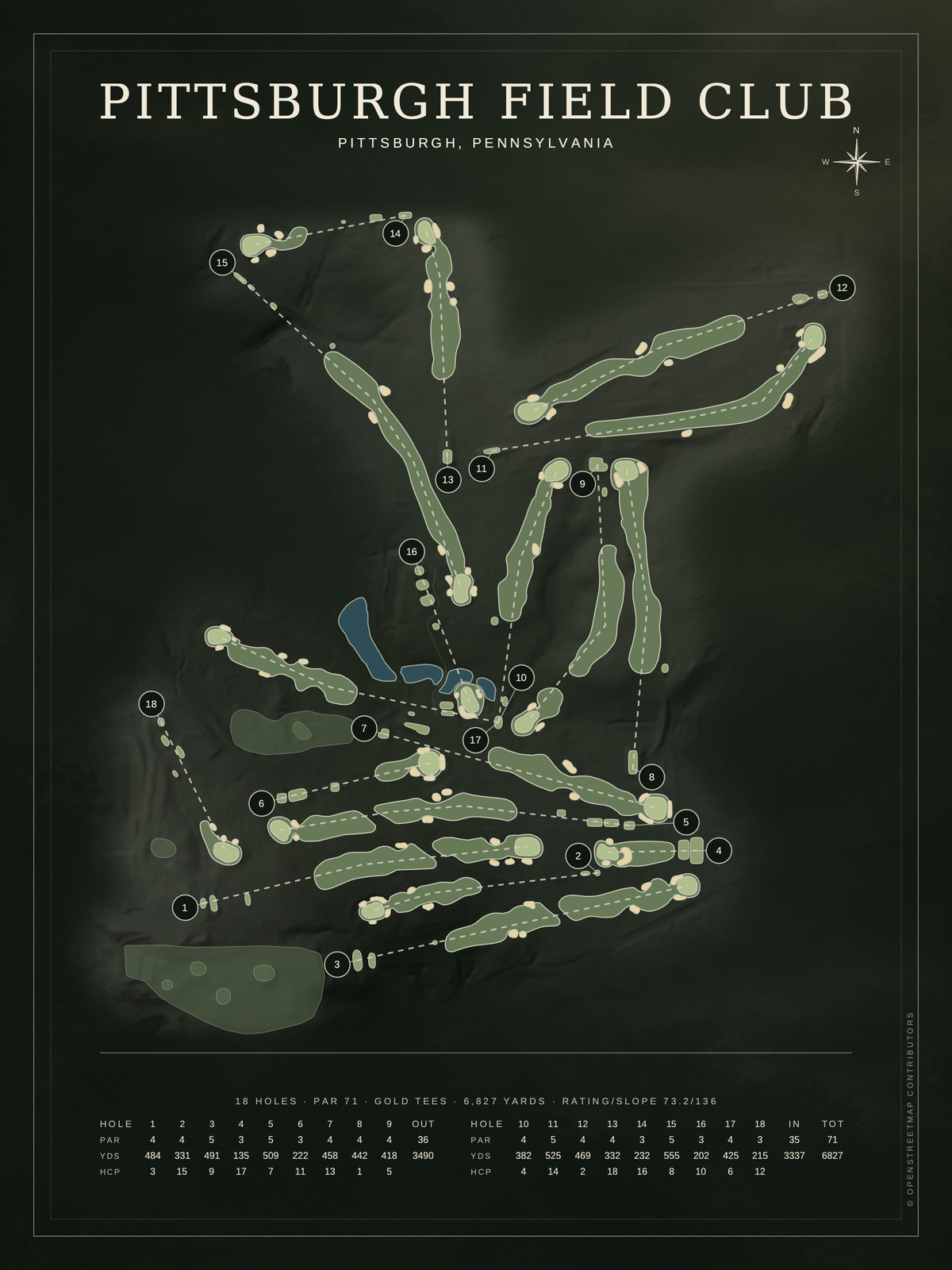 Pittsburgh Field Club course map poster, Architectural style, 12×16 / 18×24