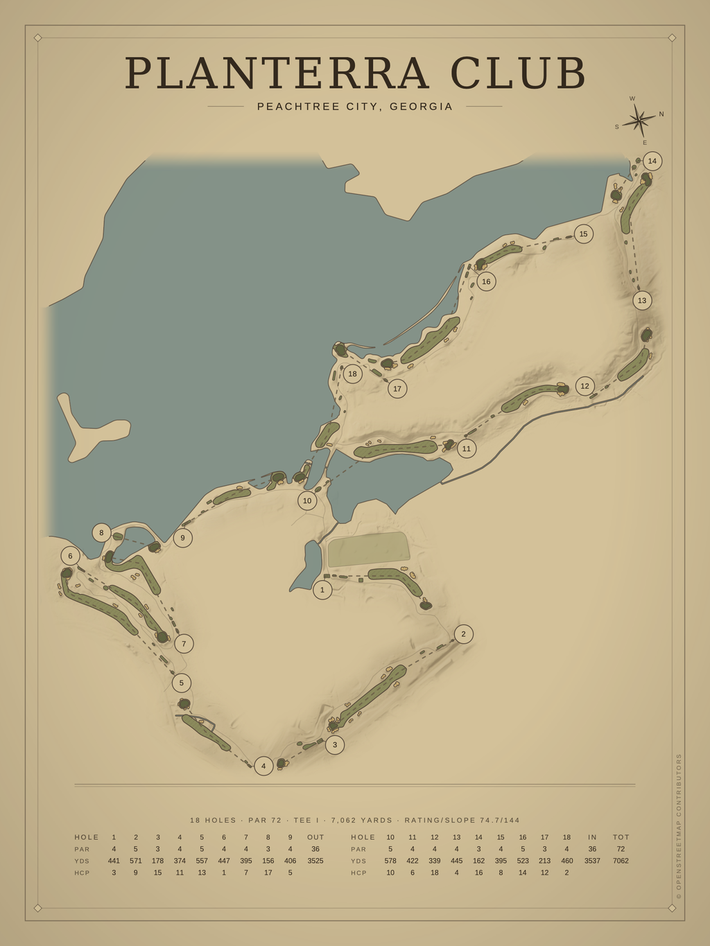 Planterra Club course map poster, Vintage style, 12×16 / 18×24