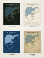 Planterra Club course map poster in four styles: Architectural, Classic, Blueprint and Vintage