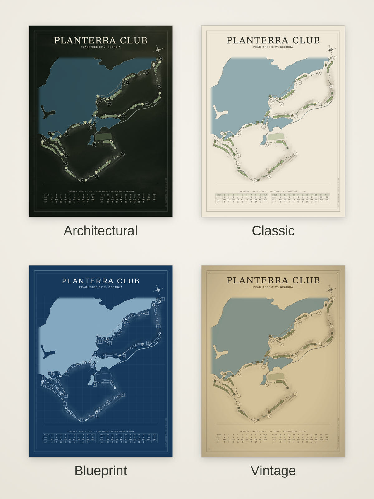 Planterra Club course map poster in four styles: Architectural, Classic, Blueprint and Vintage