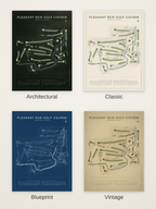 Pleasant Run Golf Course map poster in four styles: Architectural, Classic, Blueprint and Vintage