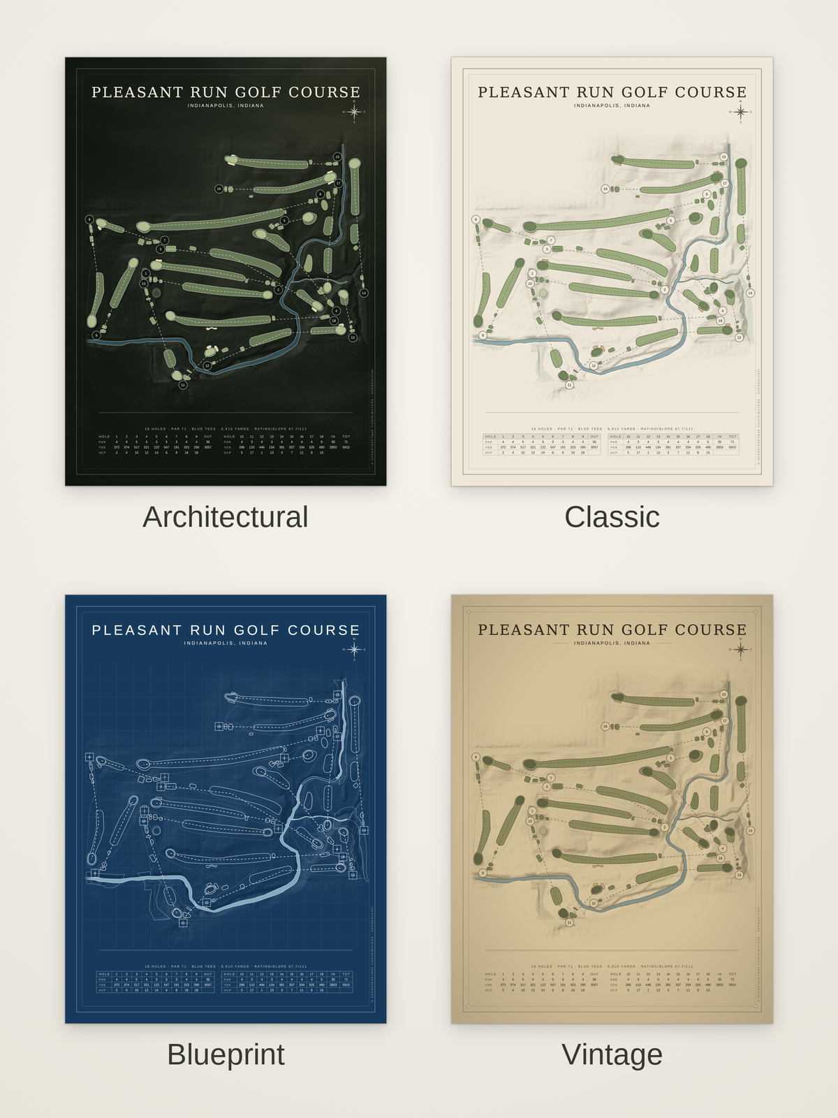 Pleasant Run Golf Course map poster in four styles: Architectural, Classic, Blueprint and Vintage