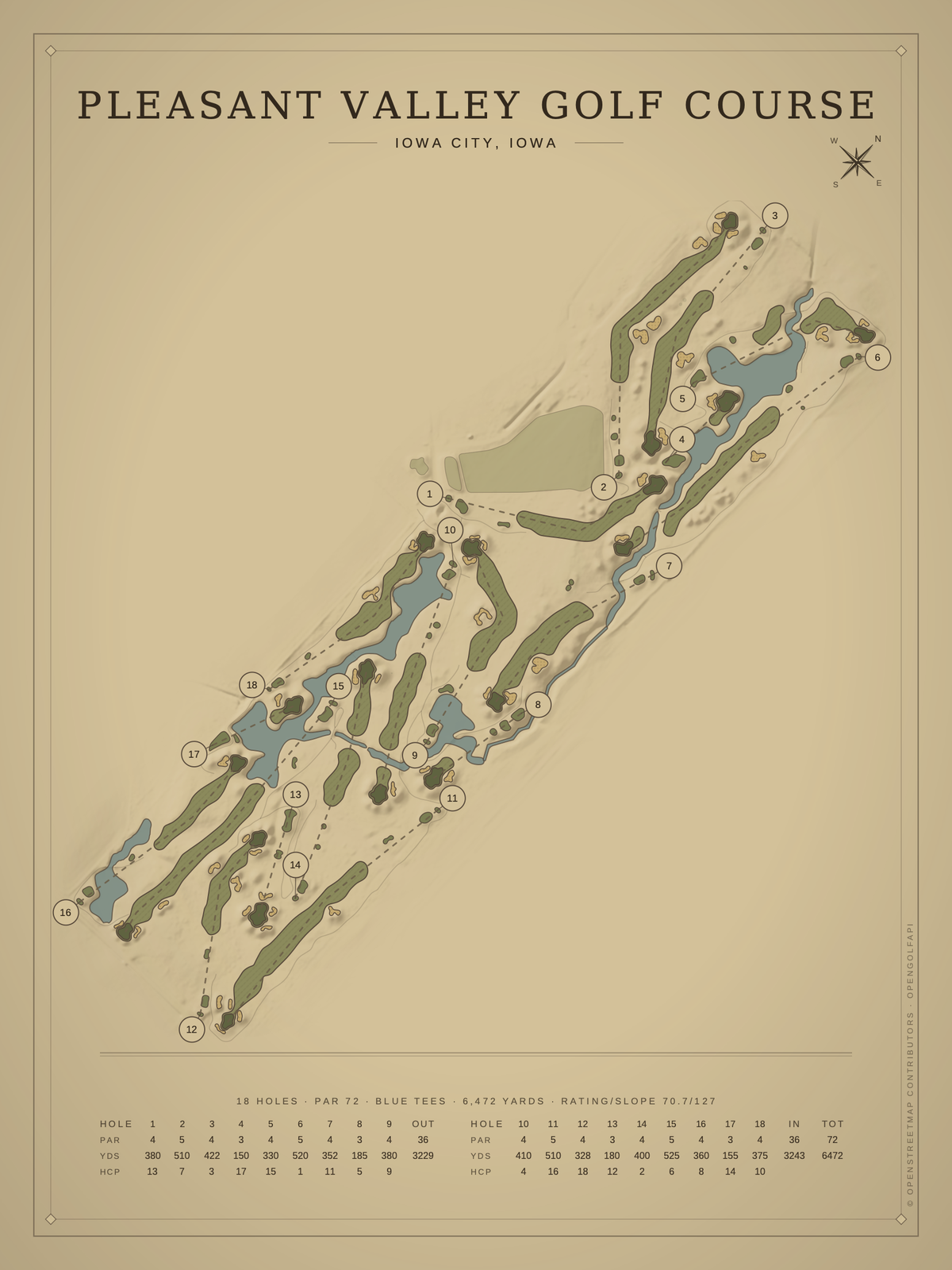 Pleasant Valley Golf Course map poster, Vintage style, 12×16 / 18×24