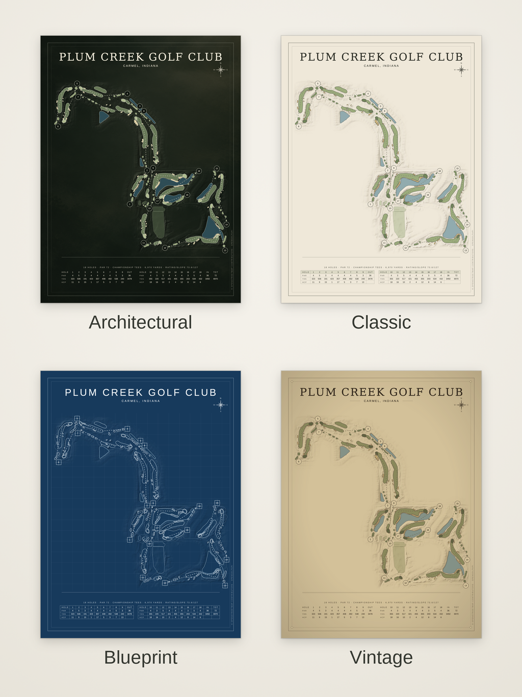Plum Creek Golf Club (Carmel) course map poster in four styles: Architectural, Classic, Blueprint and Vintage
