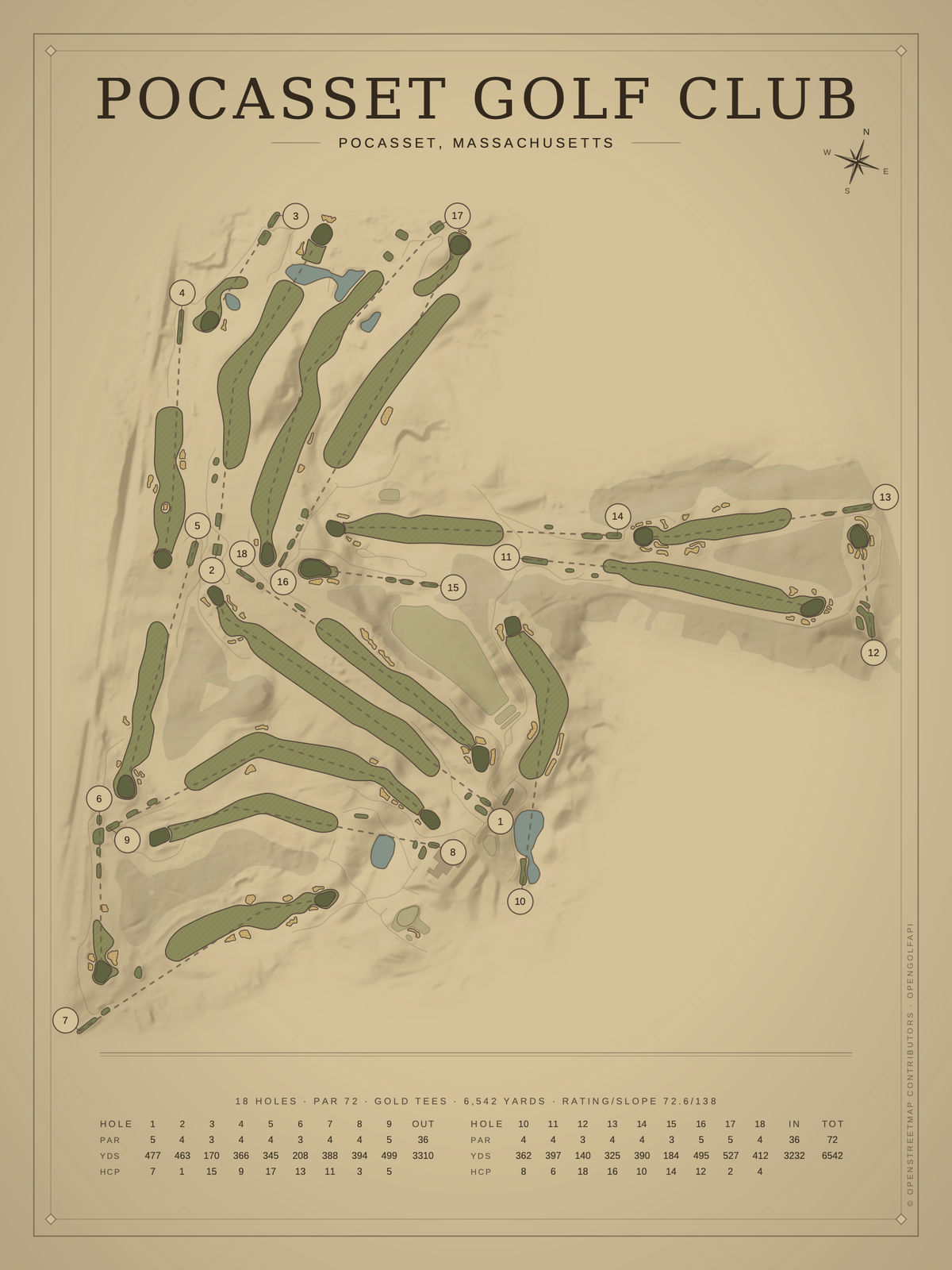 Pocasset Golf Club course map poster, Vintage style, 12×16 / 18×24