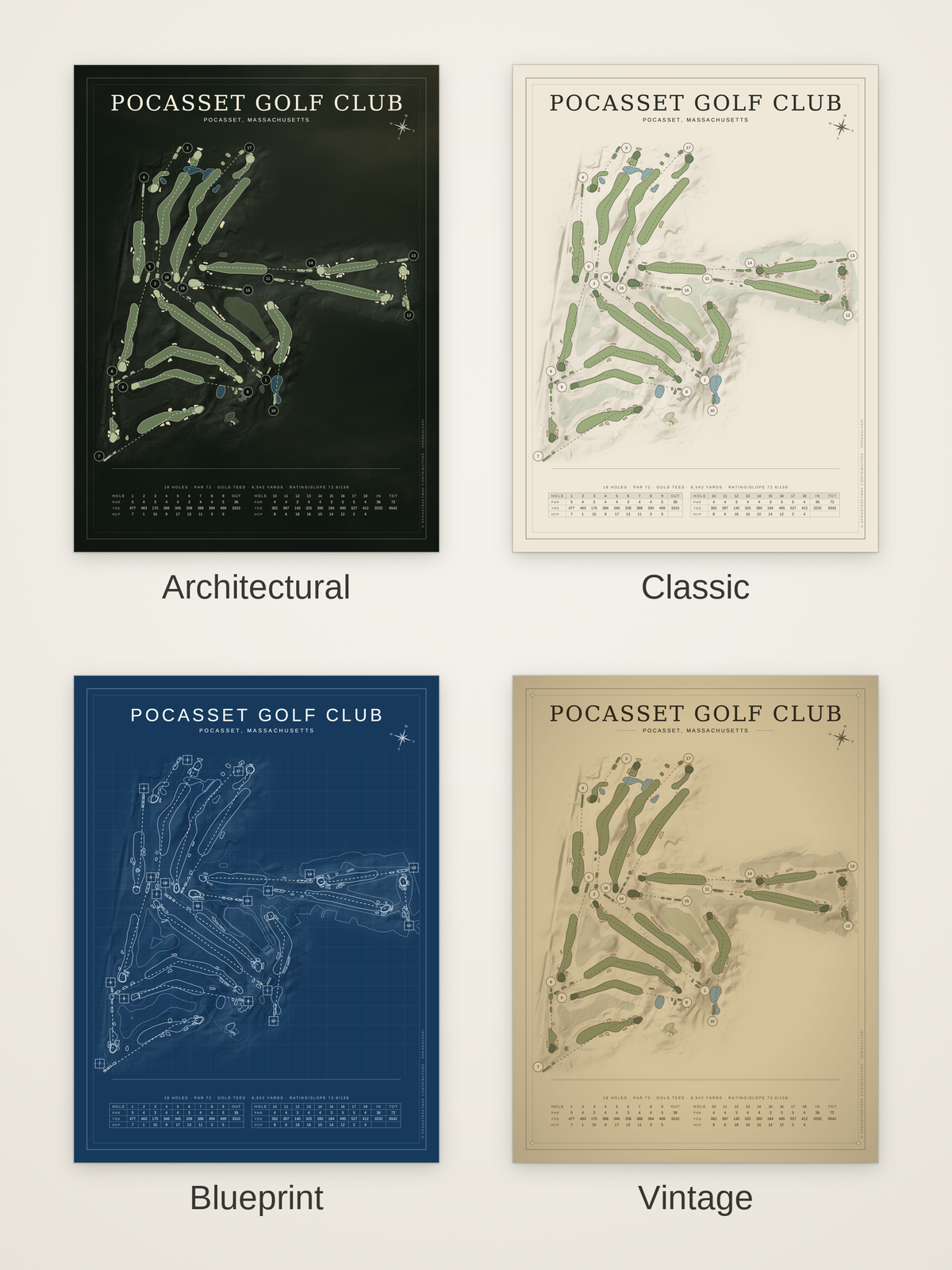 Pocasset Golf Club course map poster in four styles: Architectural, Classic, Blueprint and Vintage