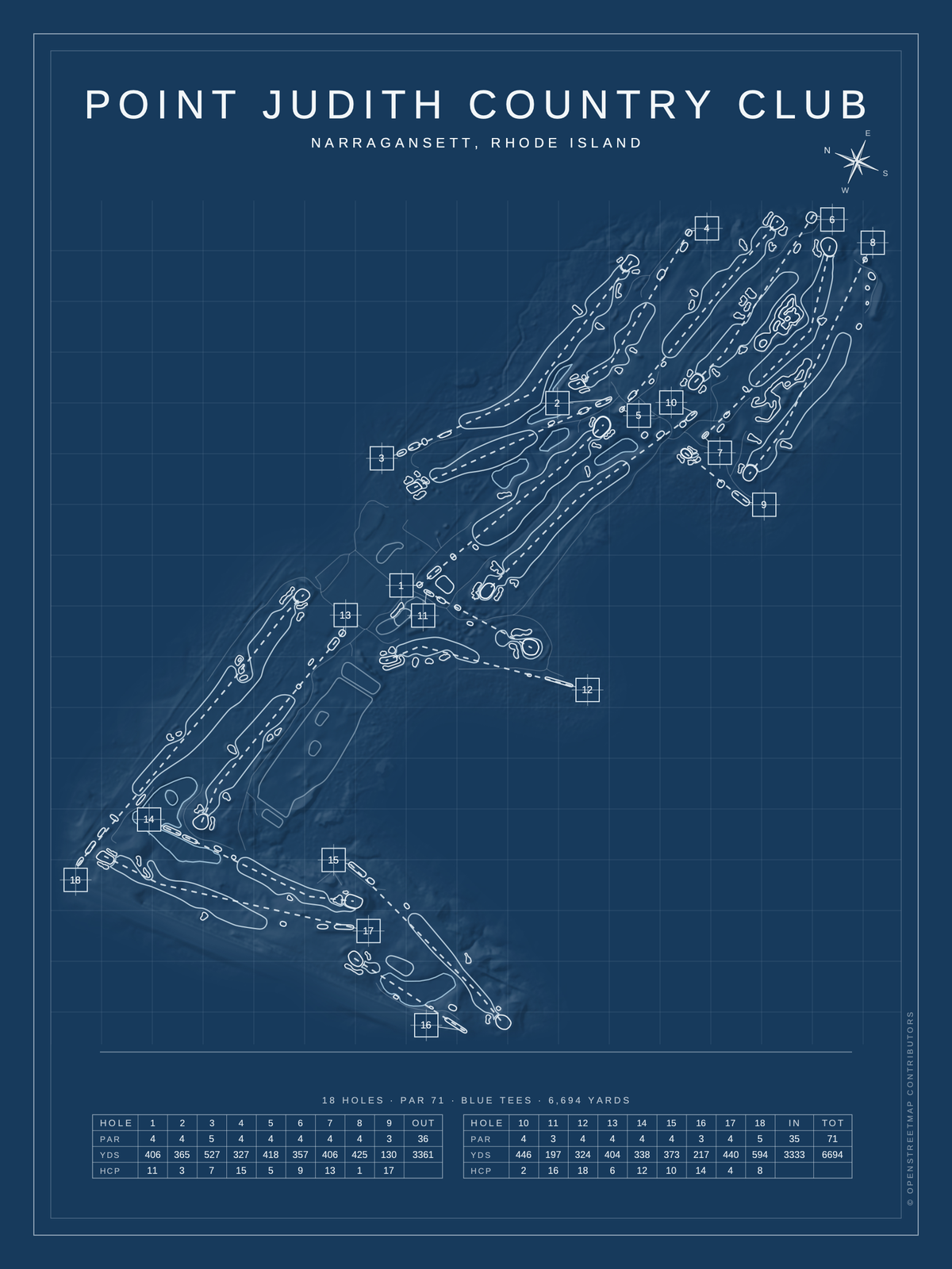 Point Judith Country Club course map poster, Blueprint style, 12×16 / 18×24