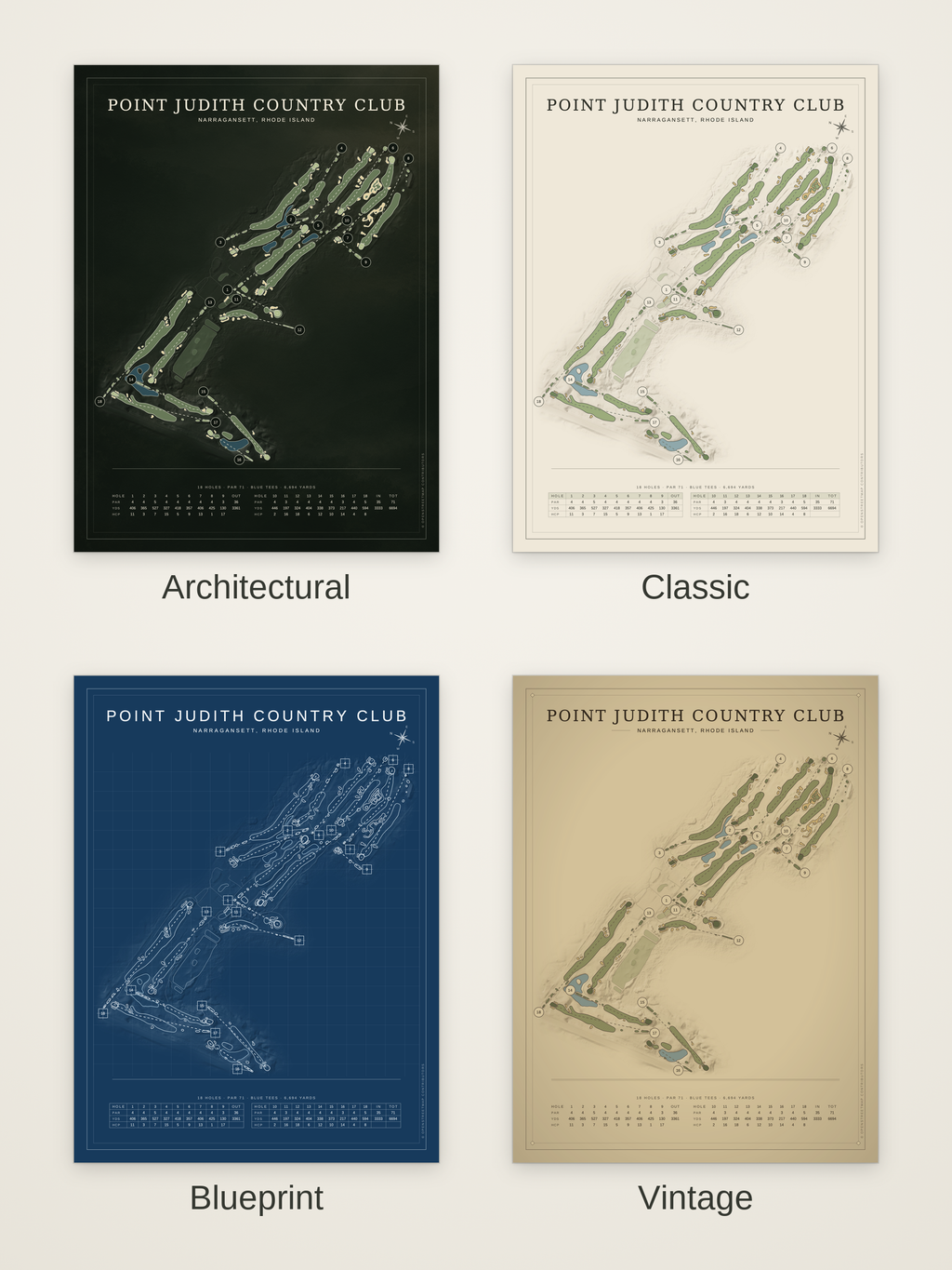 Point Judith Country Club course map poster in four styles: Architectural, Classic, Blueprint and Vintage